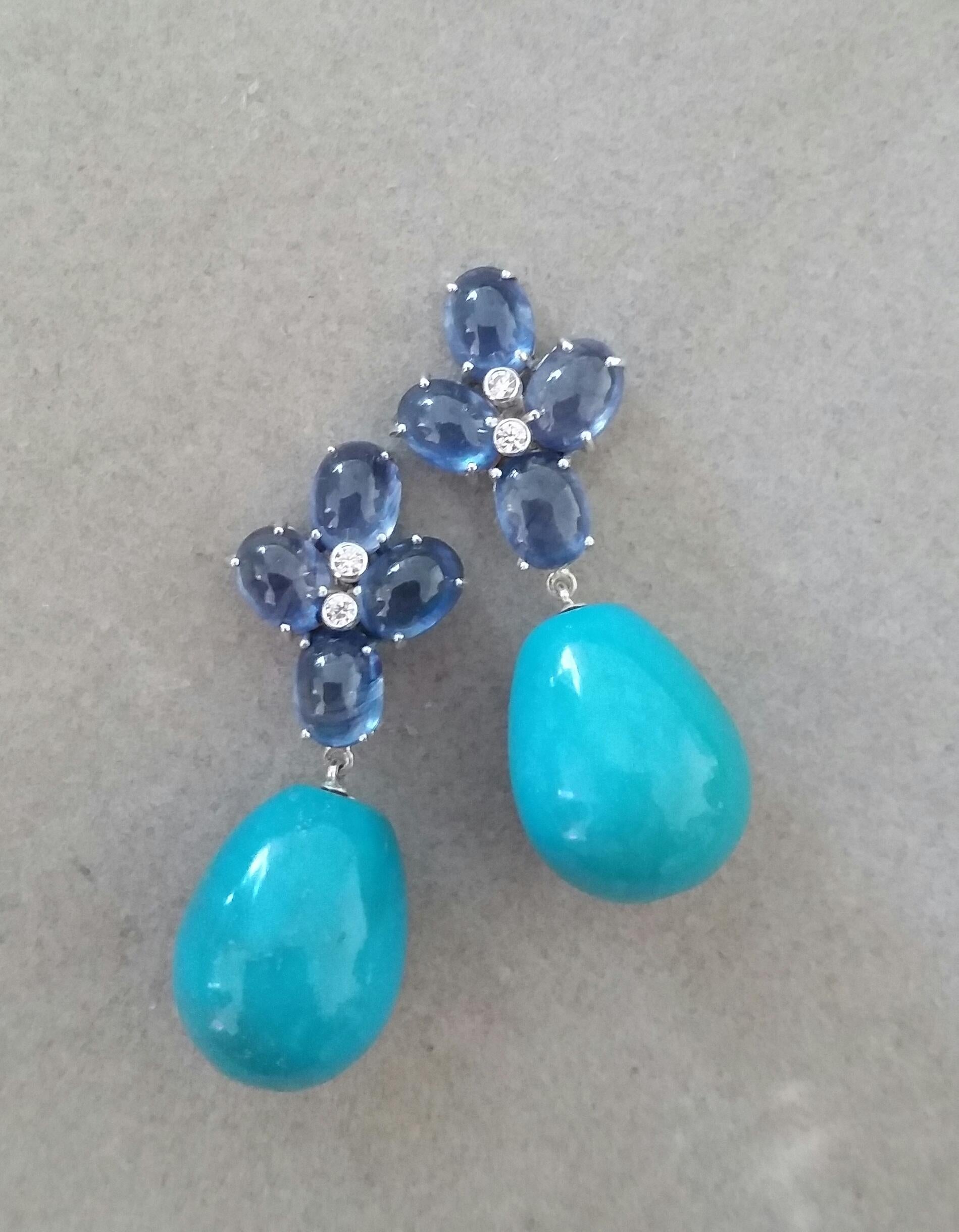 Donna Orecchini di zaffiro blu ovali in oro con diamanti a goccia rotonda in turchese in vendita