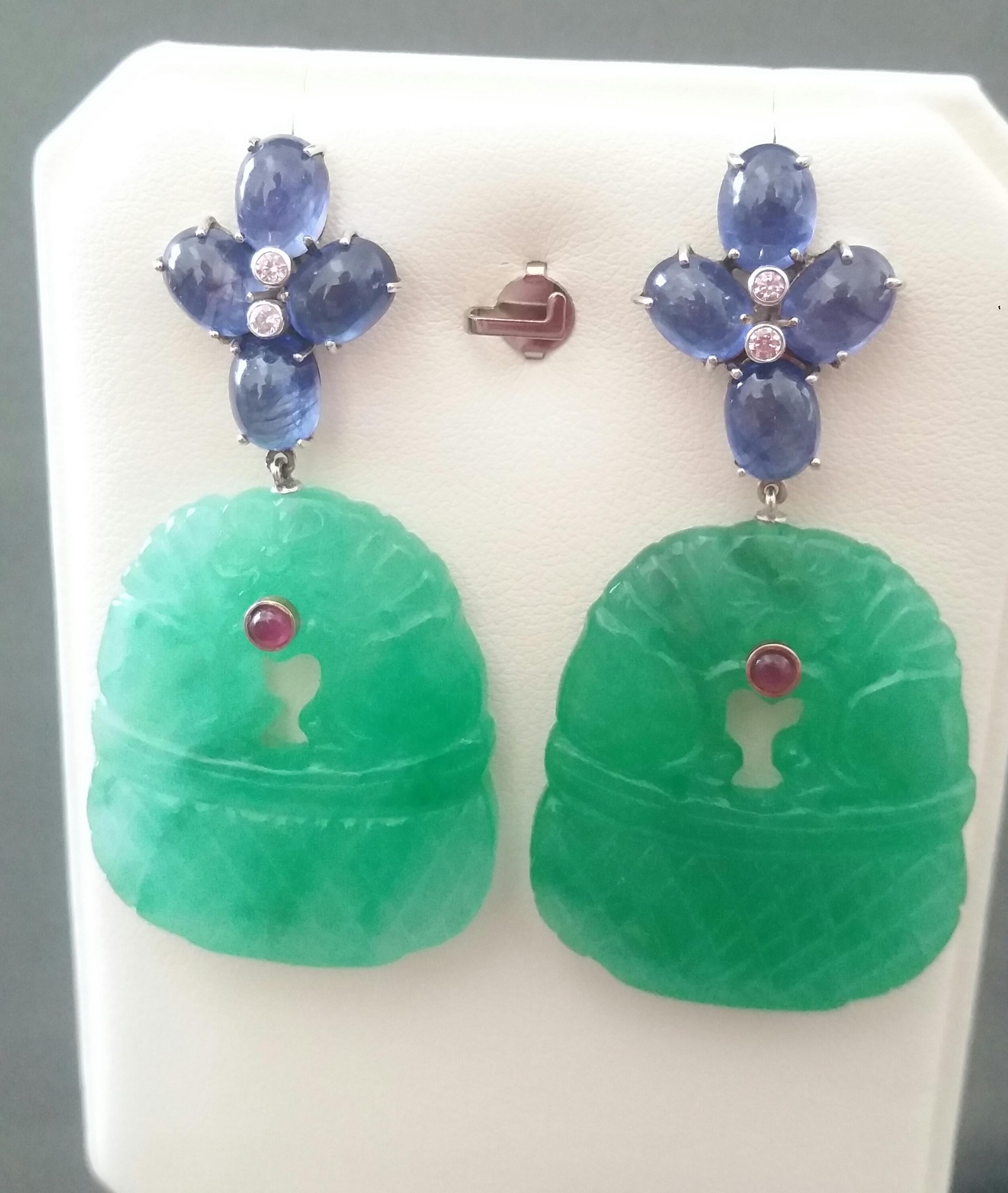 Blue Sapphire Oval Cabs Rubies Gold Diamonds Carved Jades Dangle Earrings For Sale 4