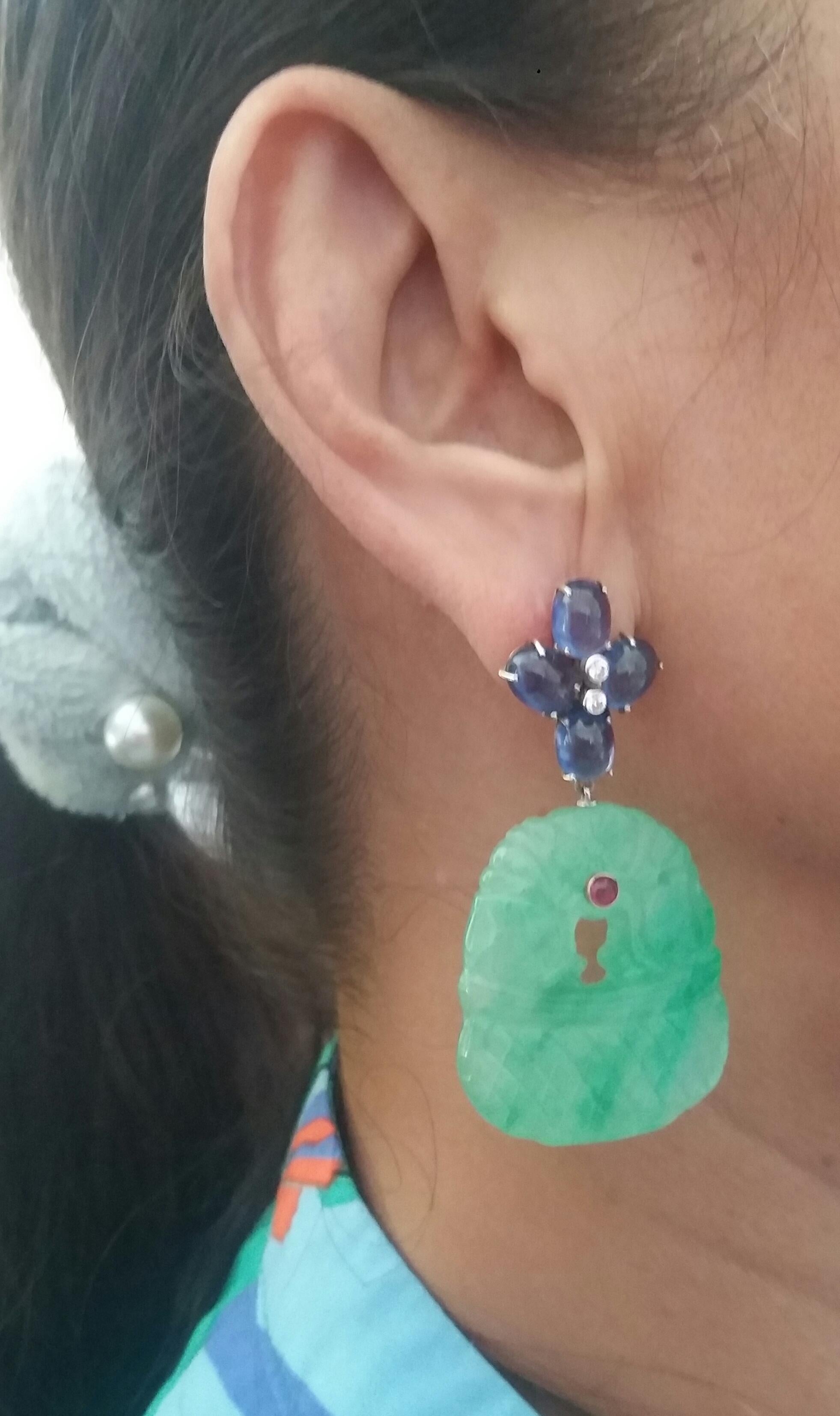 Blue Sapphire Oval Cabs Rubies Gold Diamonds Carved Jades Dangle Earrings For Sale 5