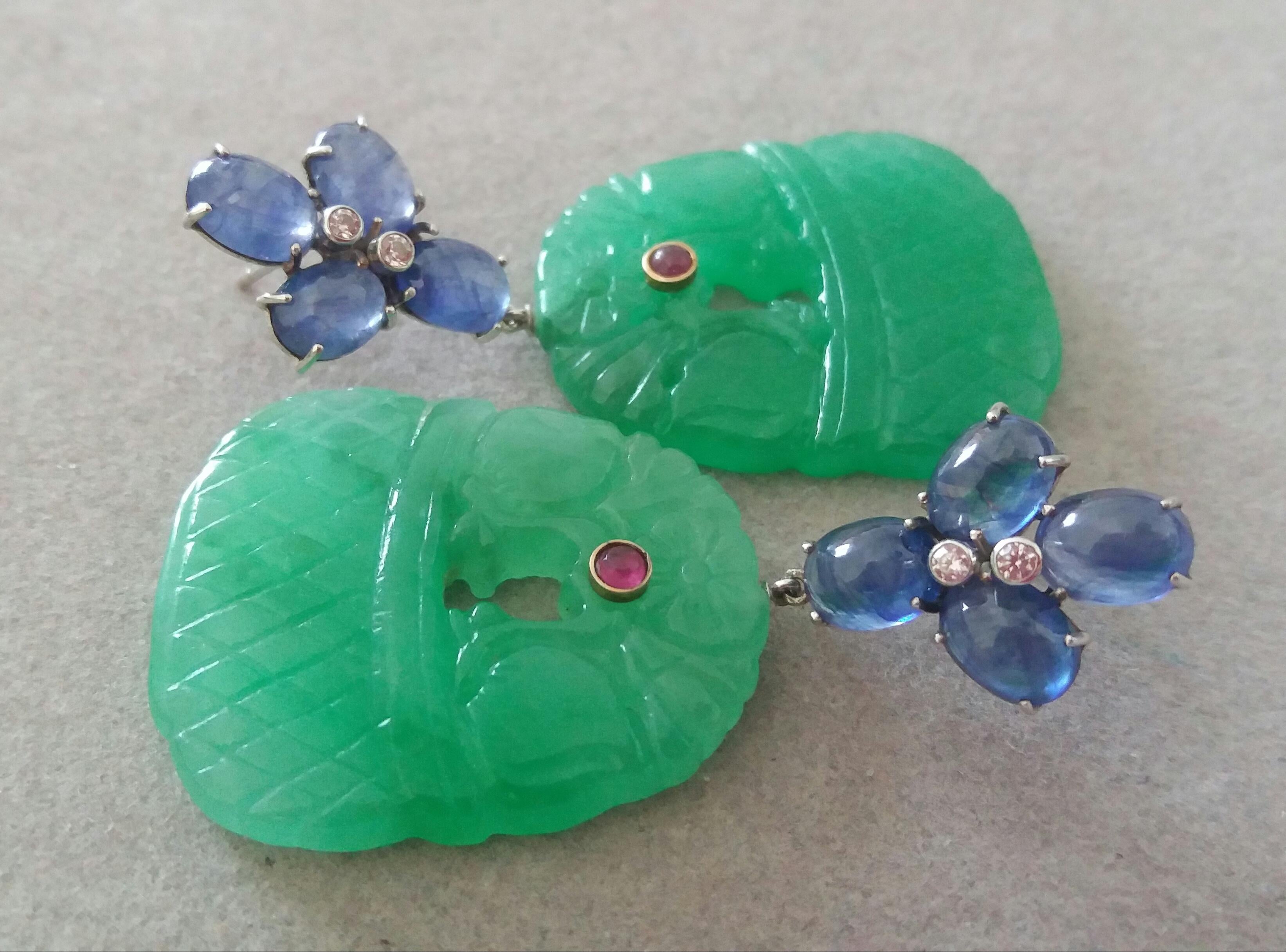 Oval Cut Blue Sapphire Oval Cabs Rubies Gold Diamonds Carved Jades Dangle Earrings For Sale