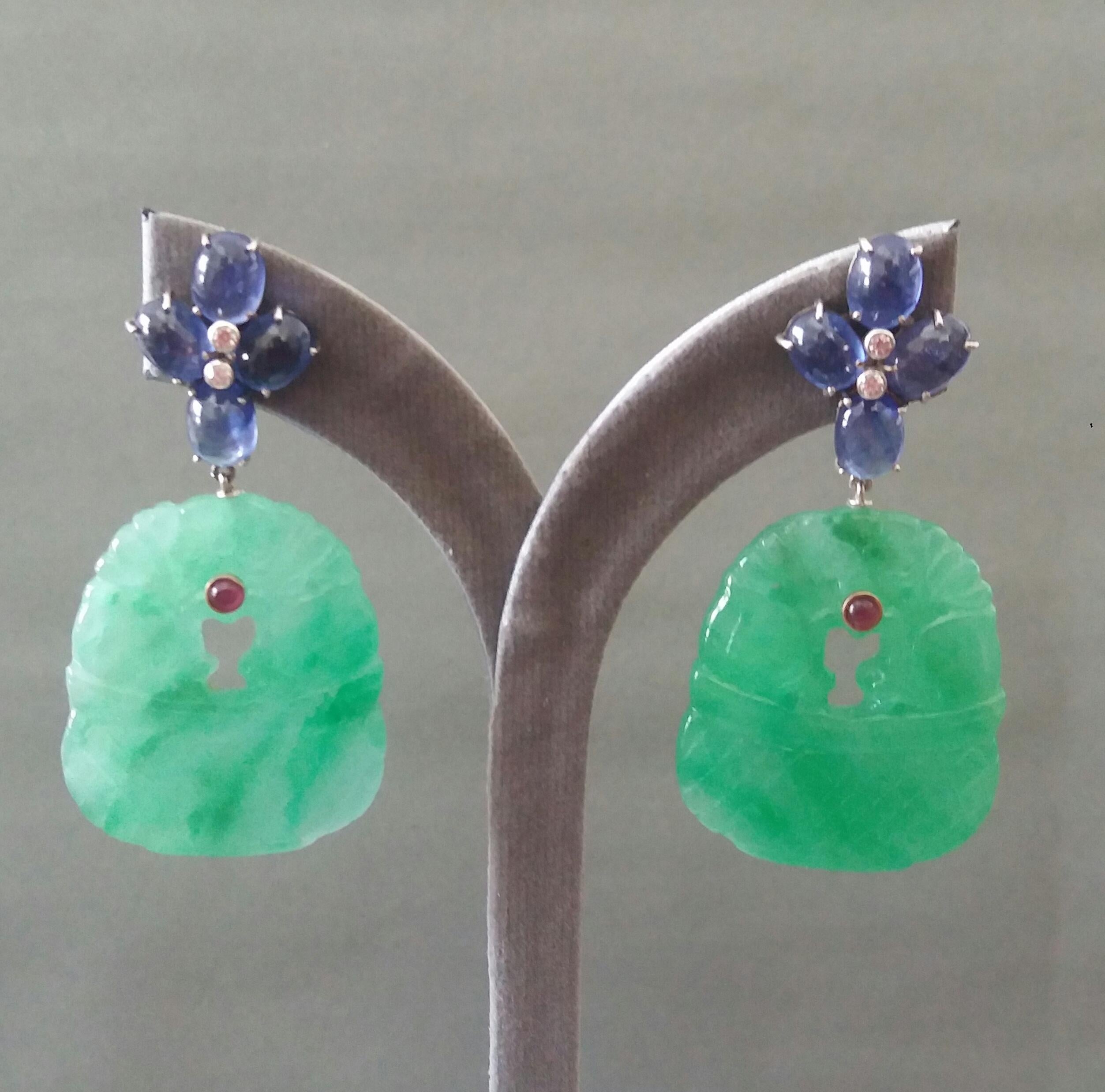 Blue Sapphire Oval Cabs Rubies Gold Diamonds Carved Jades Dangle Earrings For Sale 1