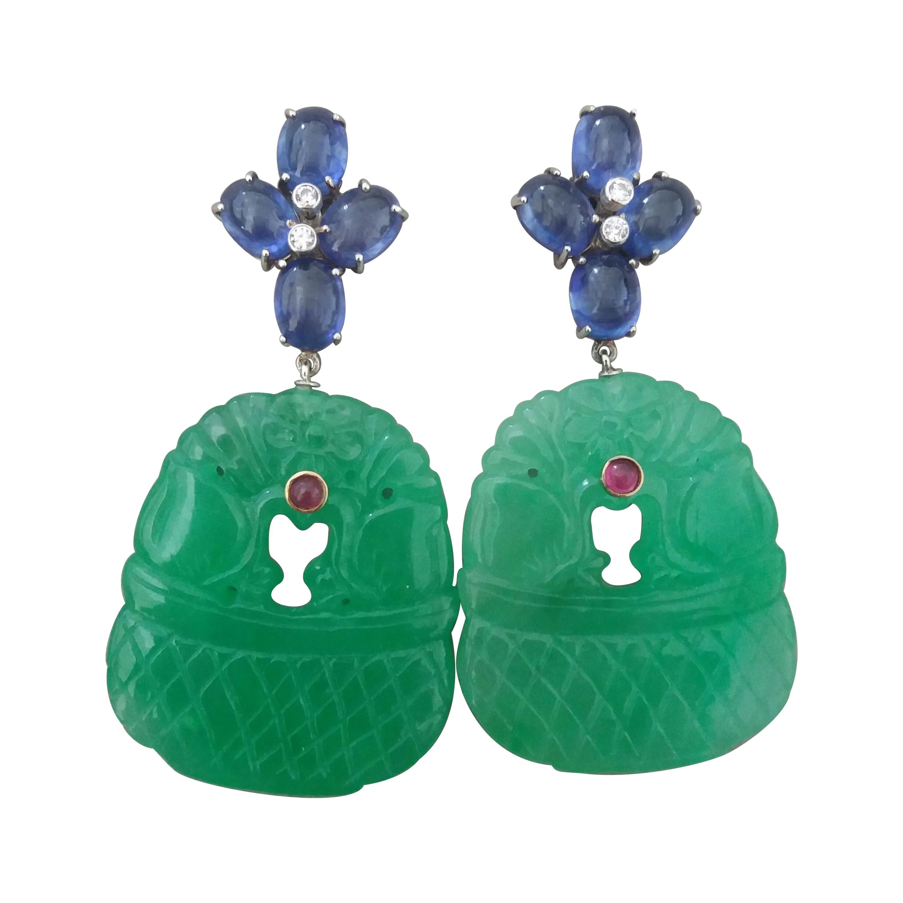 Blue Sapphire Oval Cabs Rubies Gold Diamonds Carved Jades Dangle Earrings For Sale