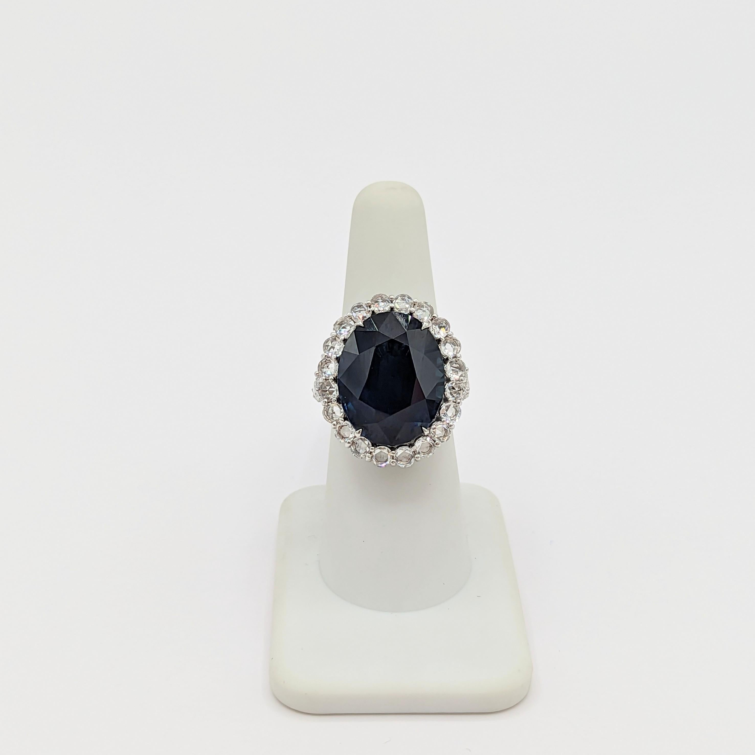 Blue Sapphire Oval Cocktail Ring with Round Rose-Cut Diamonds in Platinum In New Condition In Los Angeles, CA