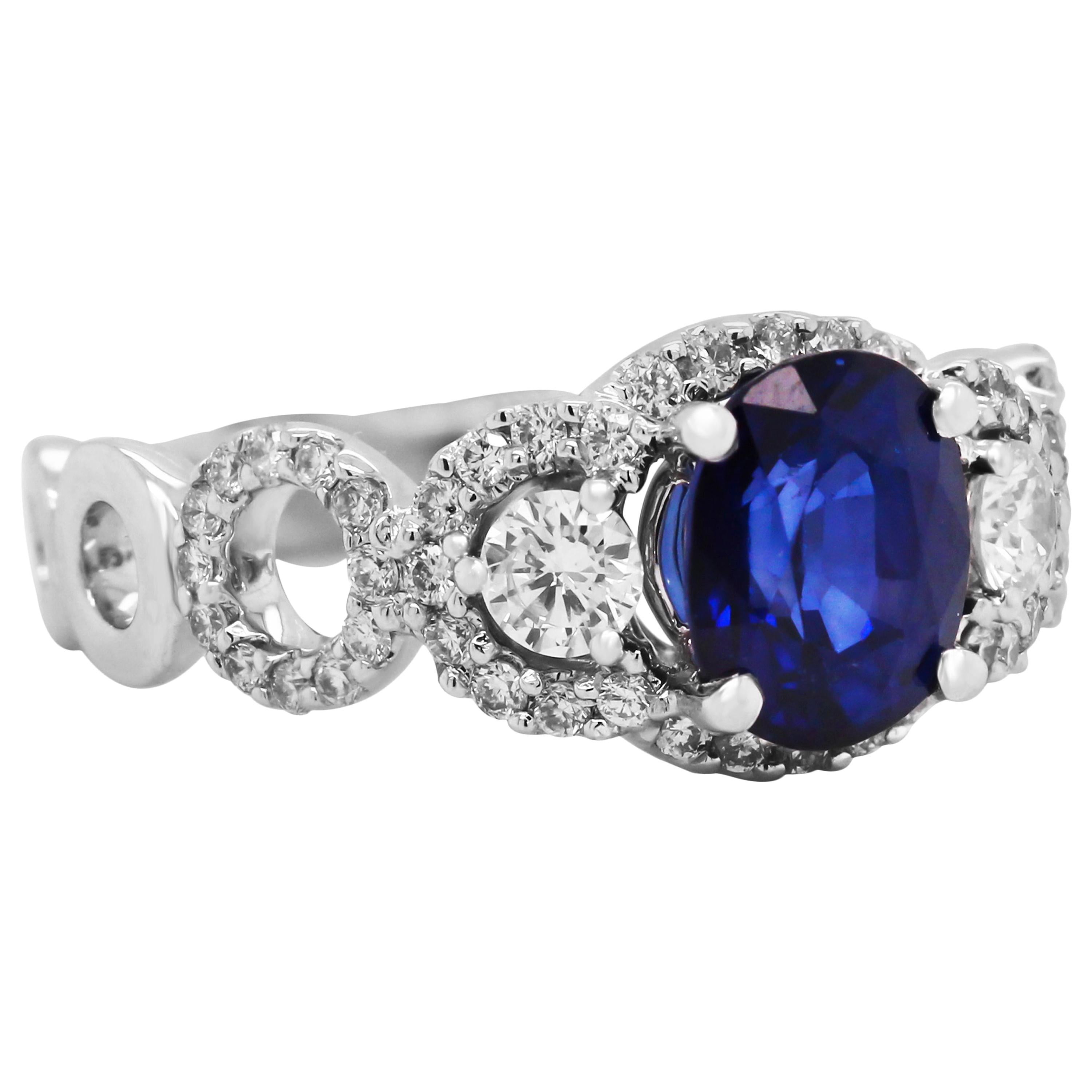 Blue Sapphire Oval Cut and Diamond White Gold Cocktail Spiral Round Band Ring For Sale