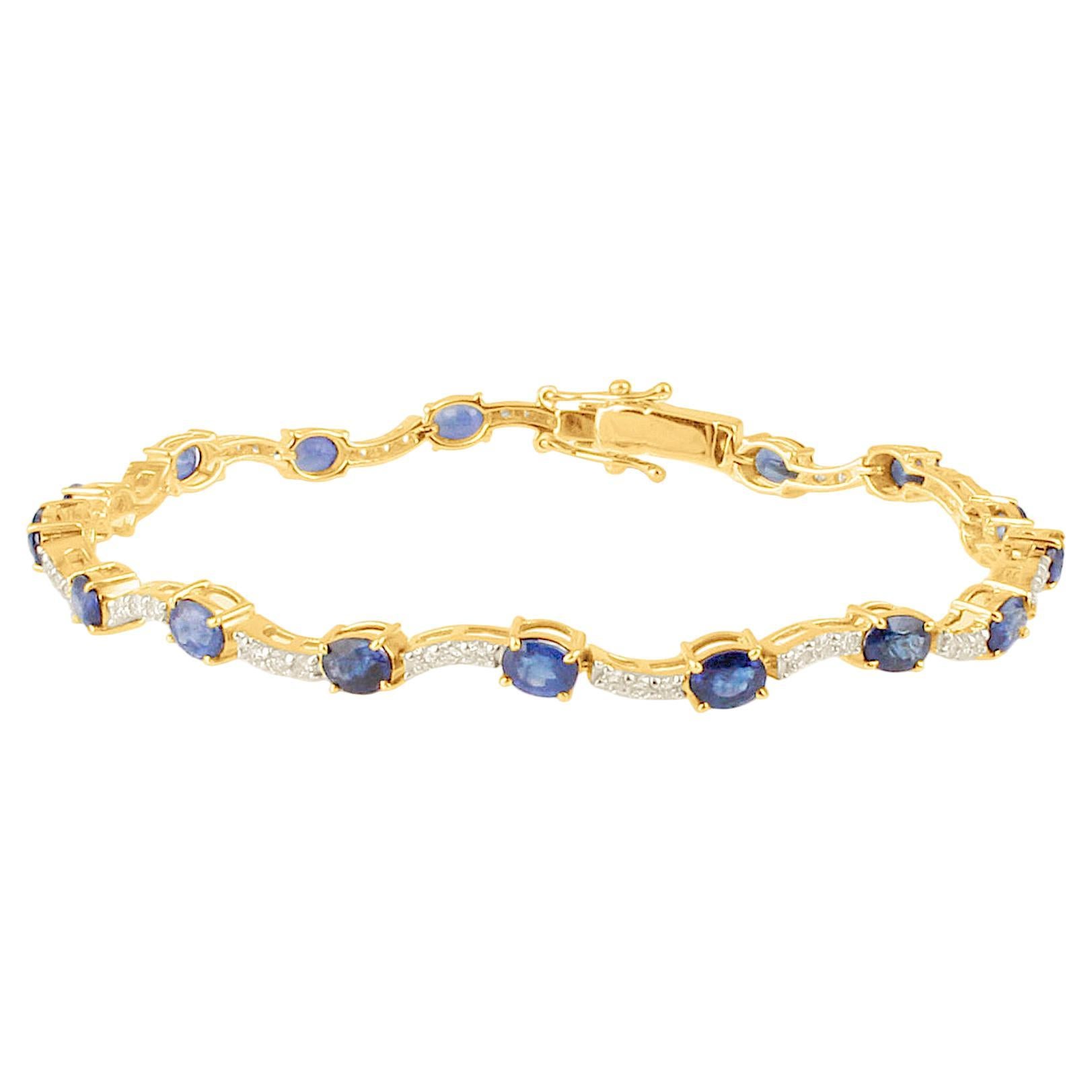 Blue Sapphire Oval & Diamond Rond Bracelet In 18K Yellow Gold For Sale