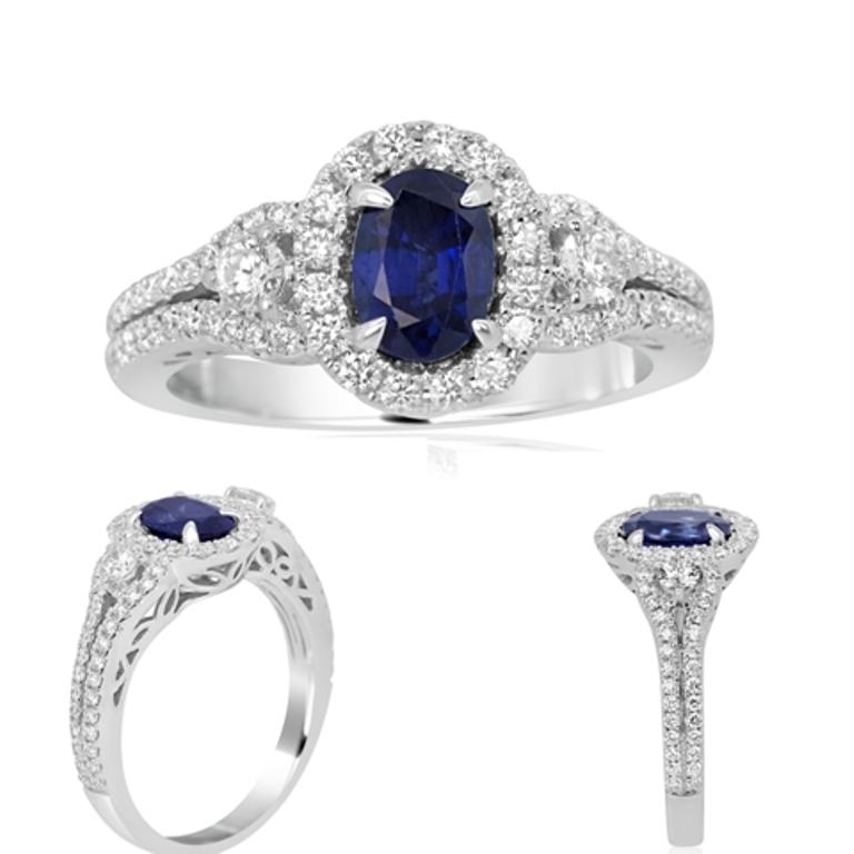 Blue Sapphire Oval Diamond Round Halo Three-Stone Gold Bridal Fashion ...