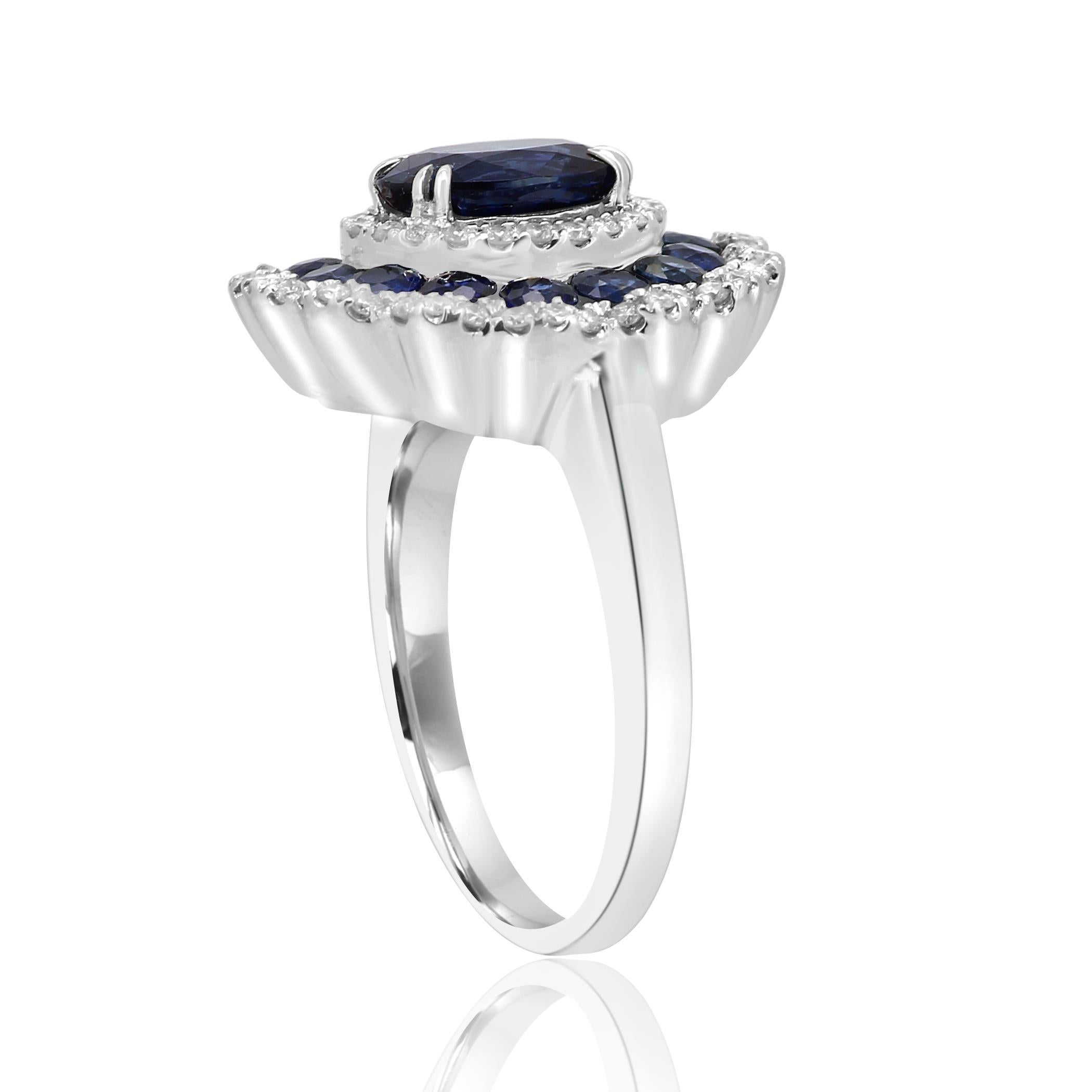 Contemporary Blue Sapphire Oval Diamond Round Triple Halo Gold Fashion Cocktail Bridal Ring