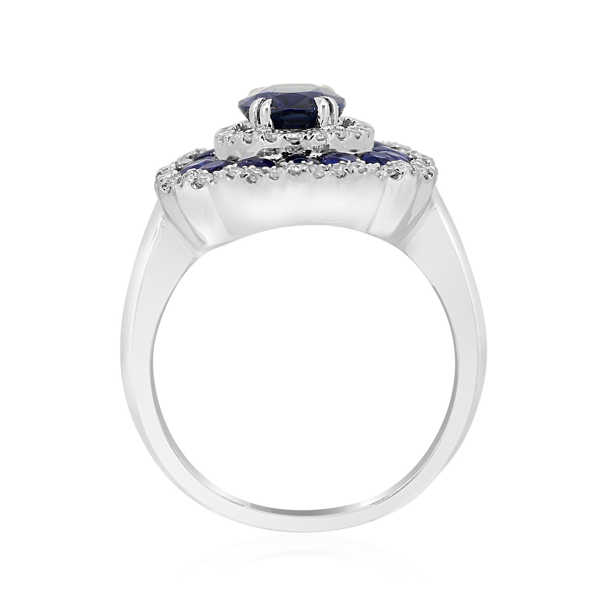 Oval Cut Blue Sapphire Oval Diamond Round Triple Halo Gold Fashion Cocktail Bridal Ring