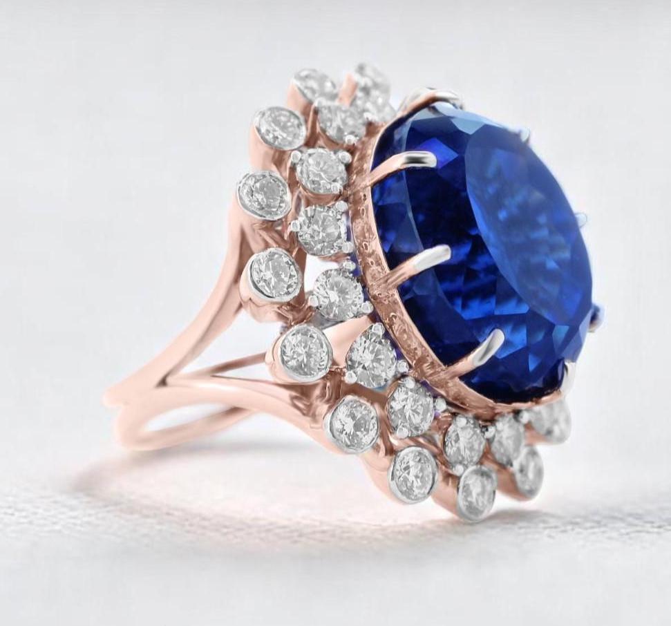Art Deco Blue Sapphire Oval Gemstone Diamond Ring in 14k Solid Gold (Certified) For Sale