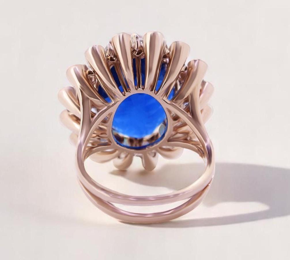 Blue Sapphire Oval Gemstone Diamond Ring in 14k Solid Gold (Certified) In New Condition For Sale In New Delhi, DL