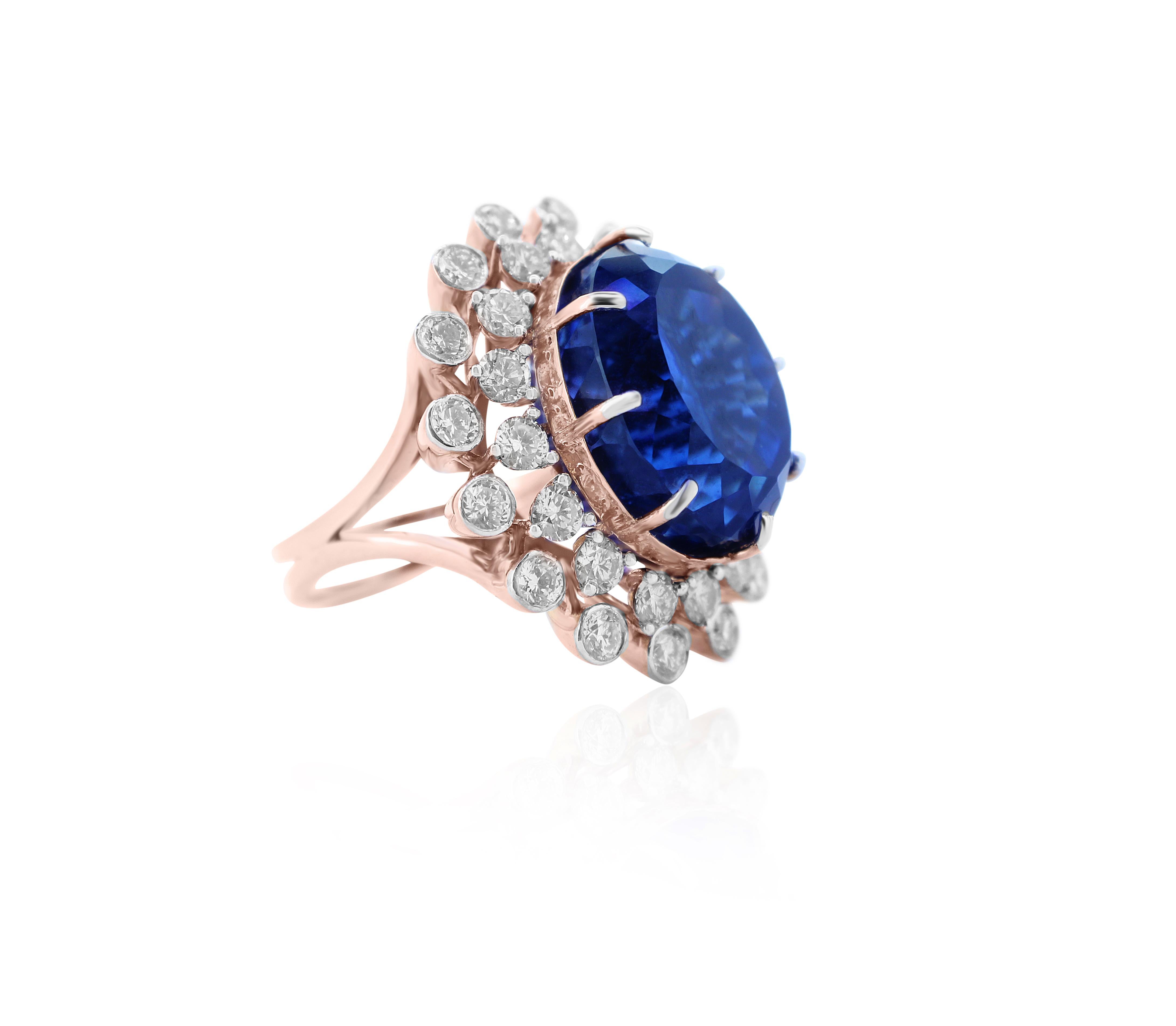 Women's Blue Sapphire Oval Gemstone Diamond Ring in 14k Solid Gold (Certified) For Sale
