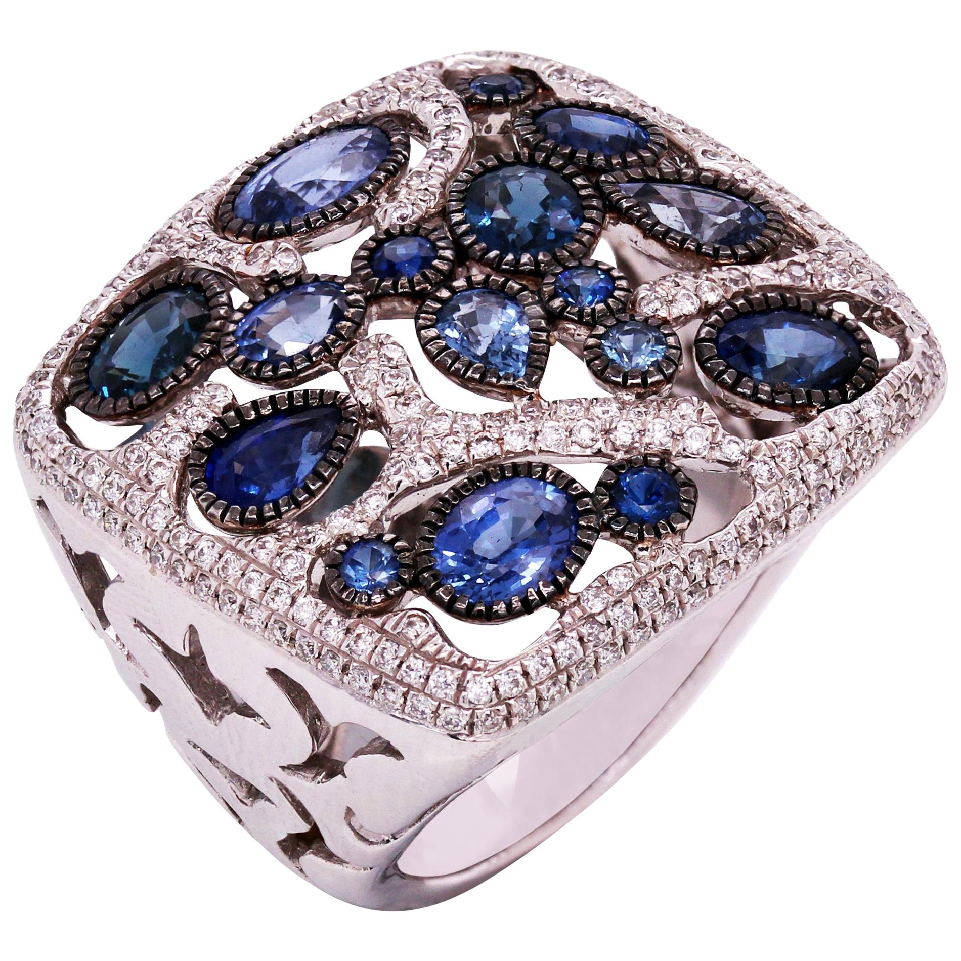Blue Sapphire Oval Marquise Round 18 Karat Gold Diamond Square Cocktail Ring