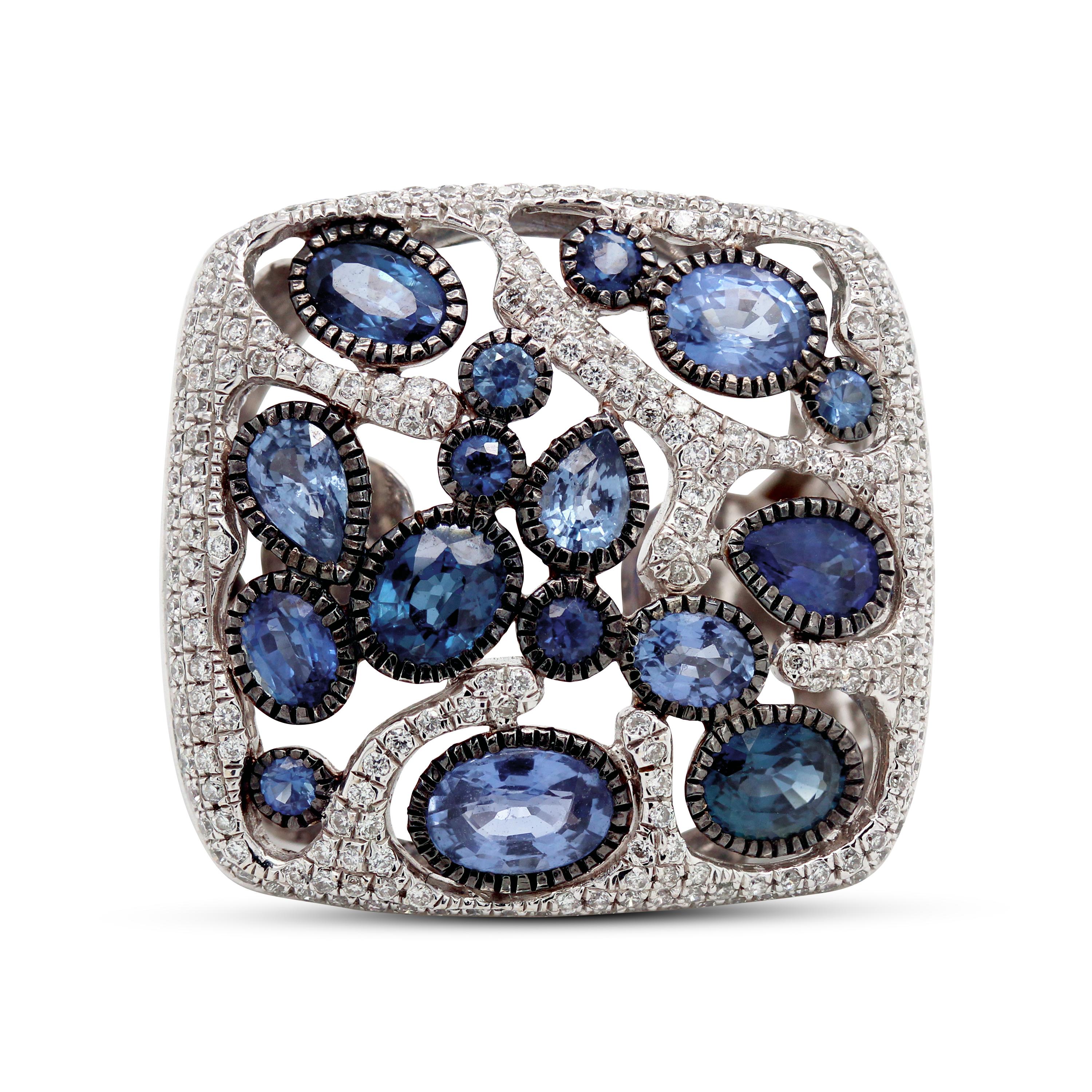 Contemporary Blue Sapphire Oval Marquise Round 18 Karat Gold Diamond Square Cocktail Ring