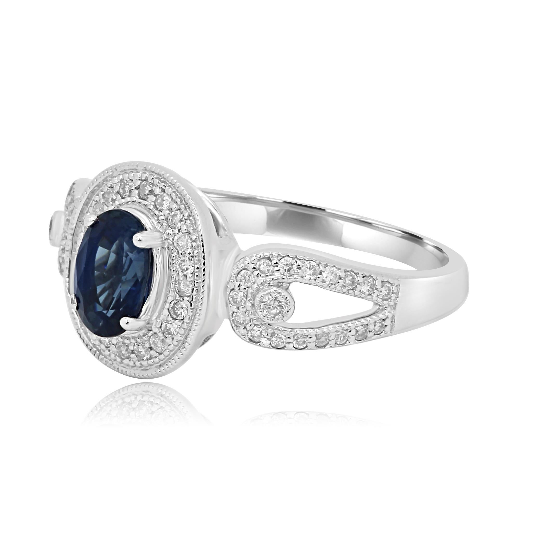 Modern Blue Sapphire Oval Round White Diamond Halo Gold Fashion Bridal Ring