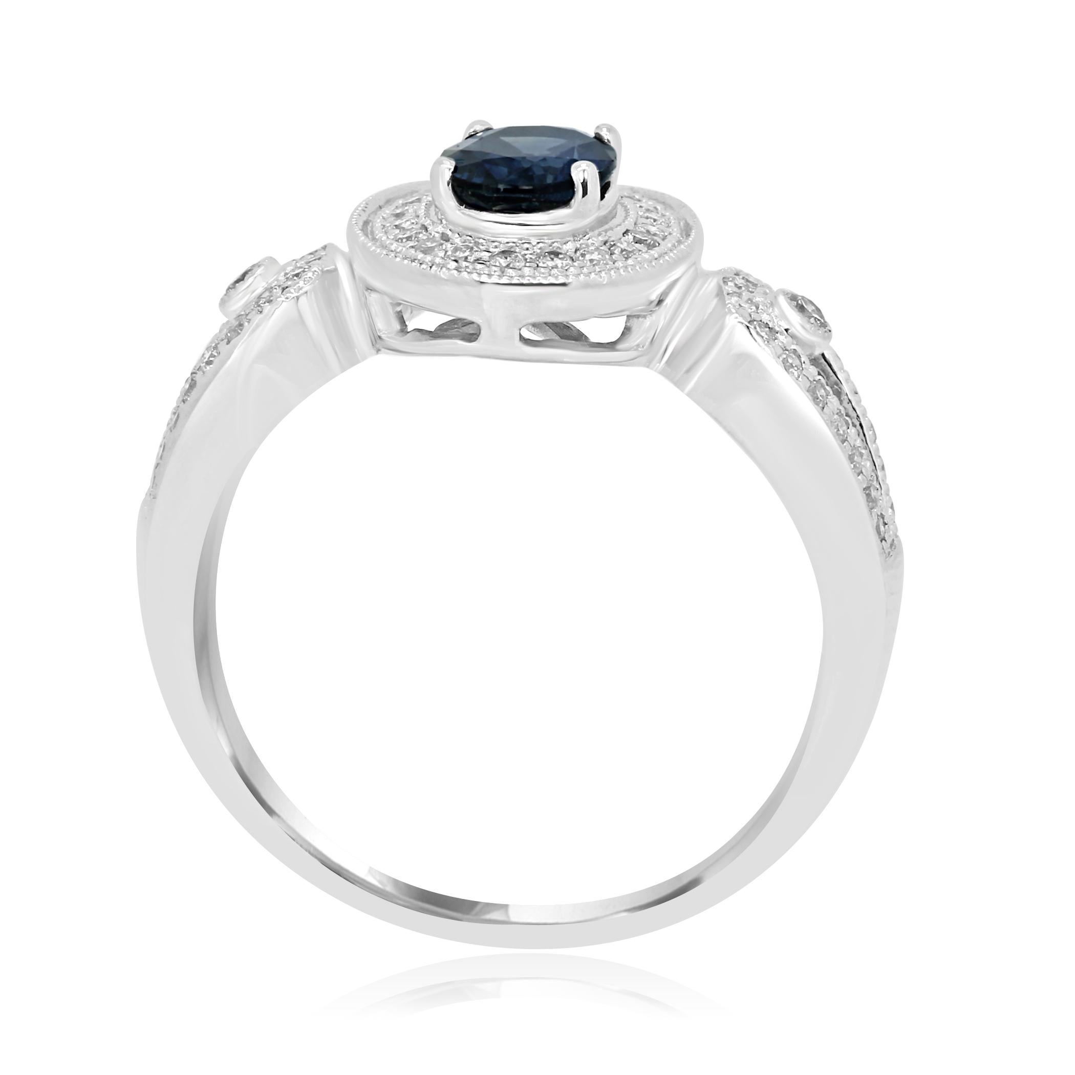 Women's Blue Sapphire Oval Round White Diamond Halo Gold Fashion Bridal Ring