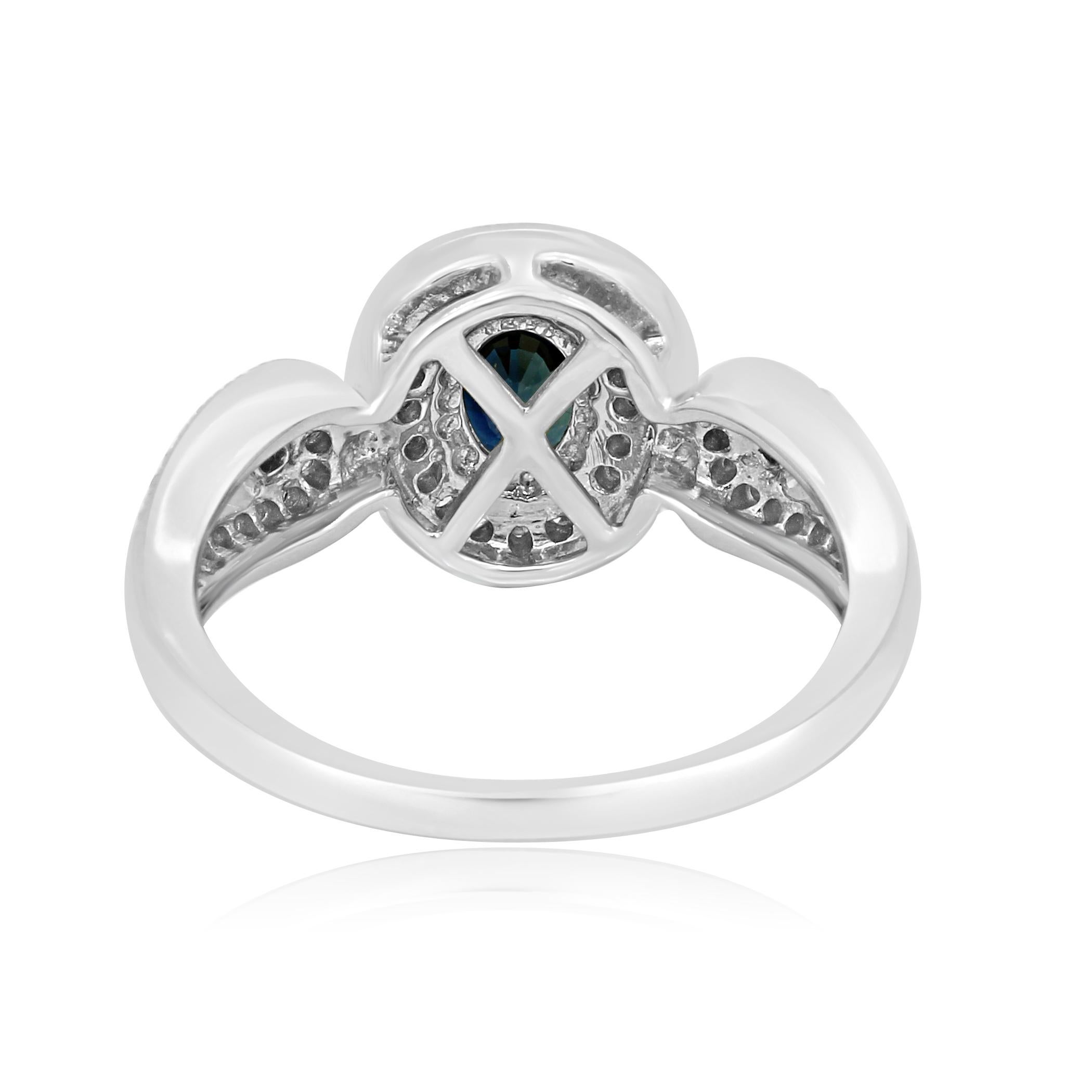 Blue Sapphire Oval Round White Diamond Halo Gold Fashion Bridal Ring 1