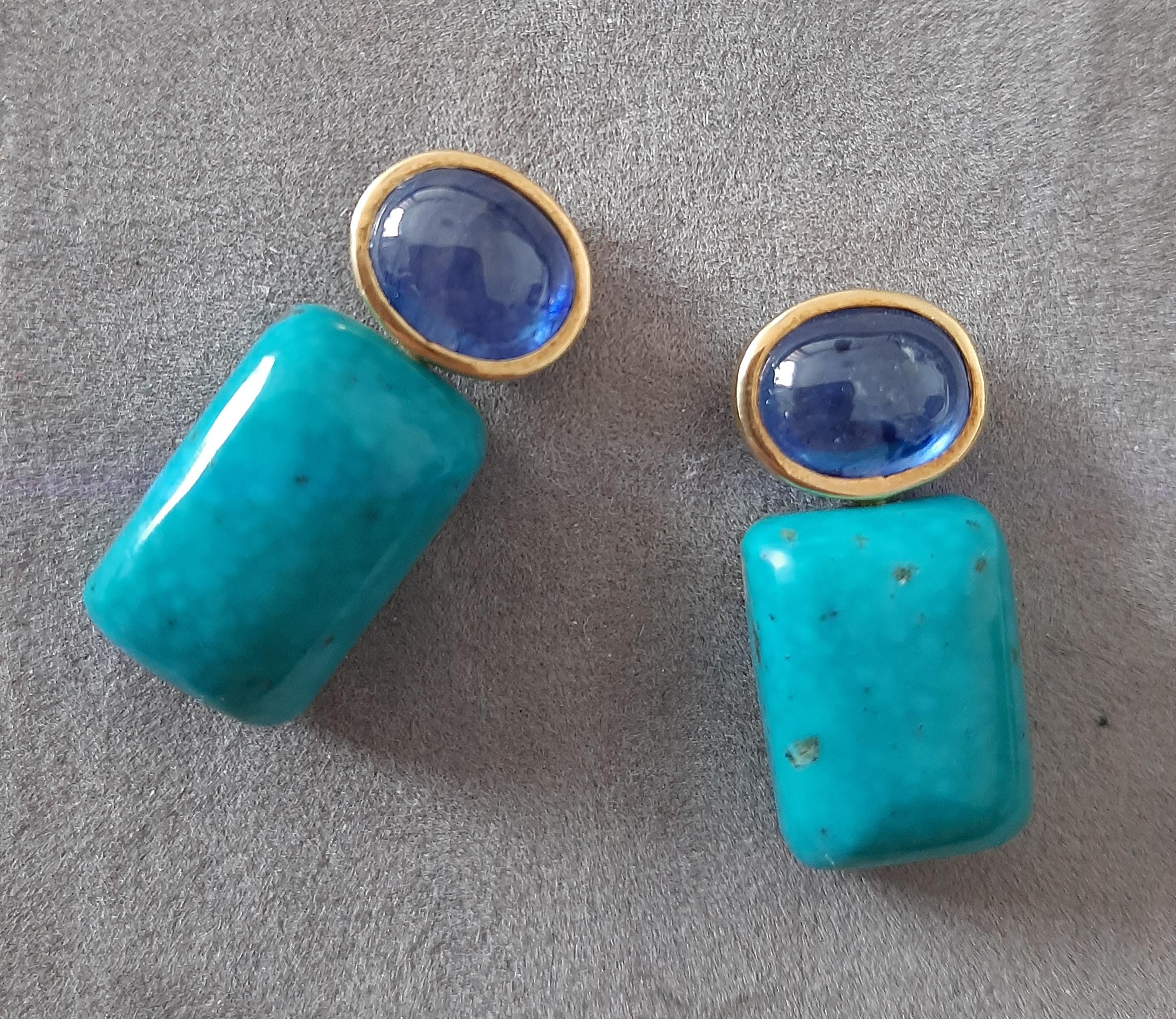 Blue Sapphire Oval Shape Cabs Turquoise Rectangular 14k Solid Gold Stud Earrings For Sale 4