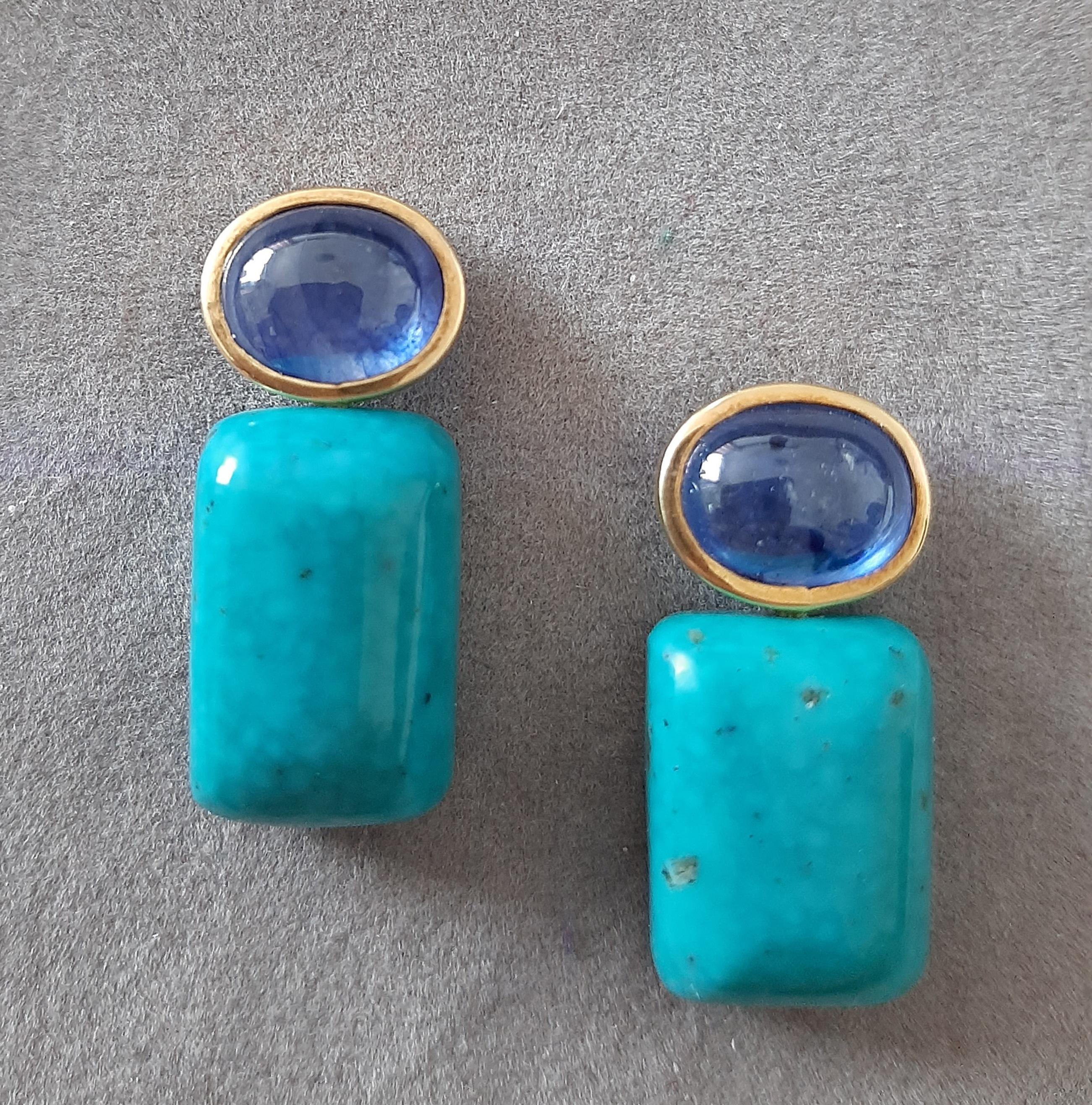Blue Sapphire Oval Shape Cabs Turquoise Rectangular 14k Solid Gold Stud Earrings For Sale 5