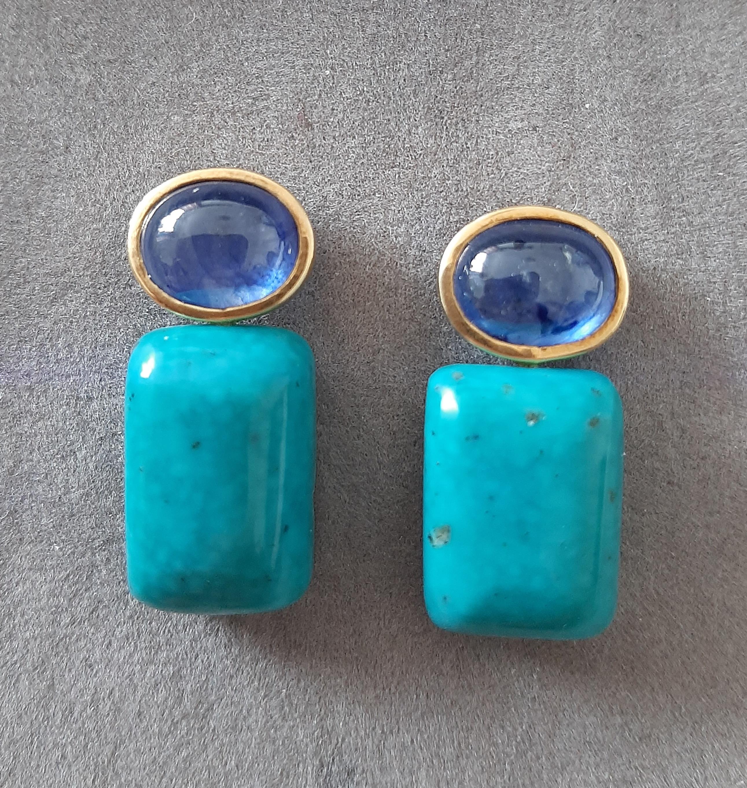 Blue Sapphire Oval Shape Cabs Turquoise Rectangular 14k Solid Gold Stud Earrings For Sale 6