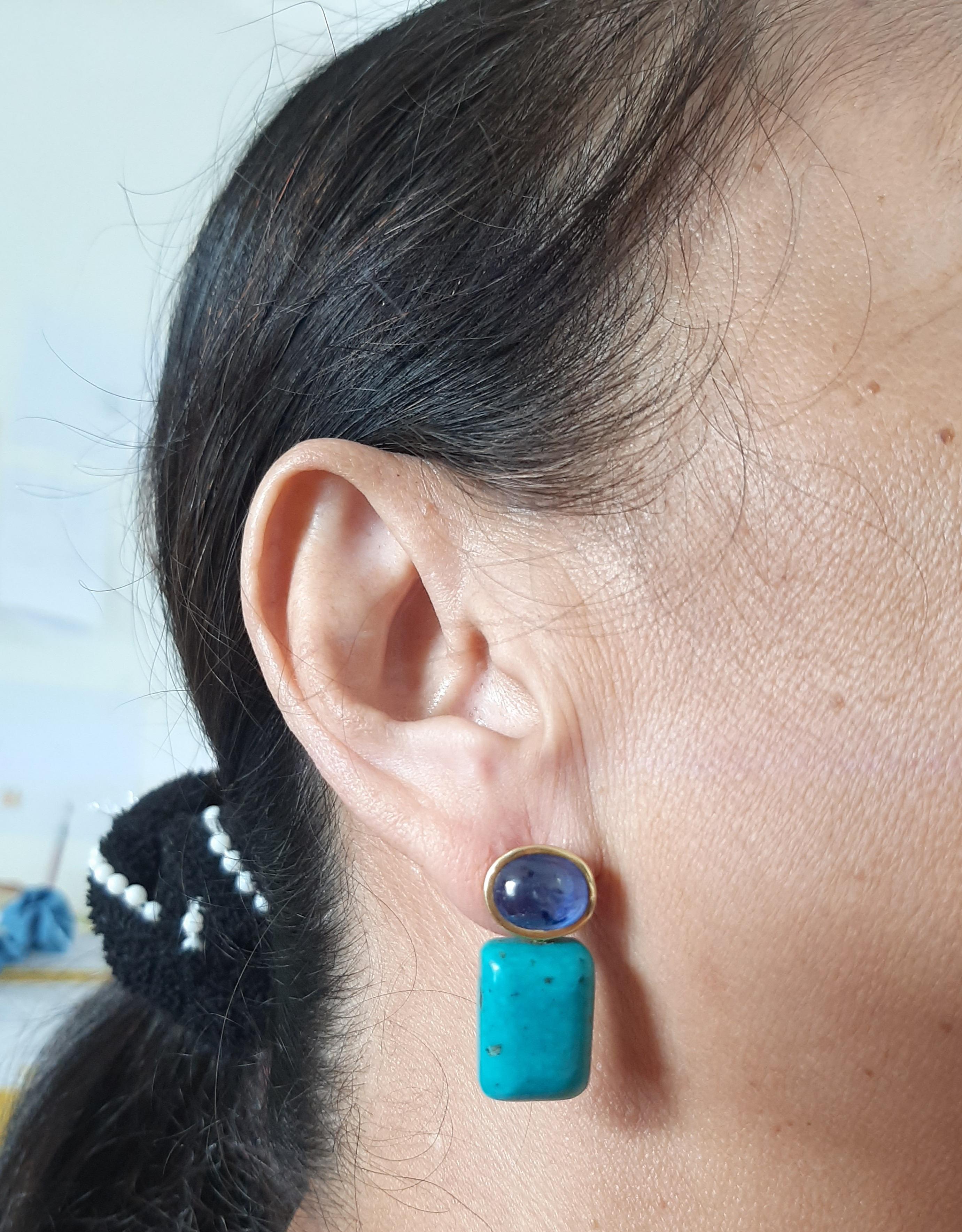 These simple but elegant and handmade earrings have 2 Blue Sapphire Cabochon measuring 8 x 10 mm set in a 14 Kt yellow gold bezel at the top to which are suspended 2 Genuine Turquoise Rectangular Shape Cabs measuring 12 x 18 mm.

In 1978 our