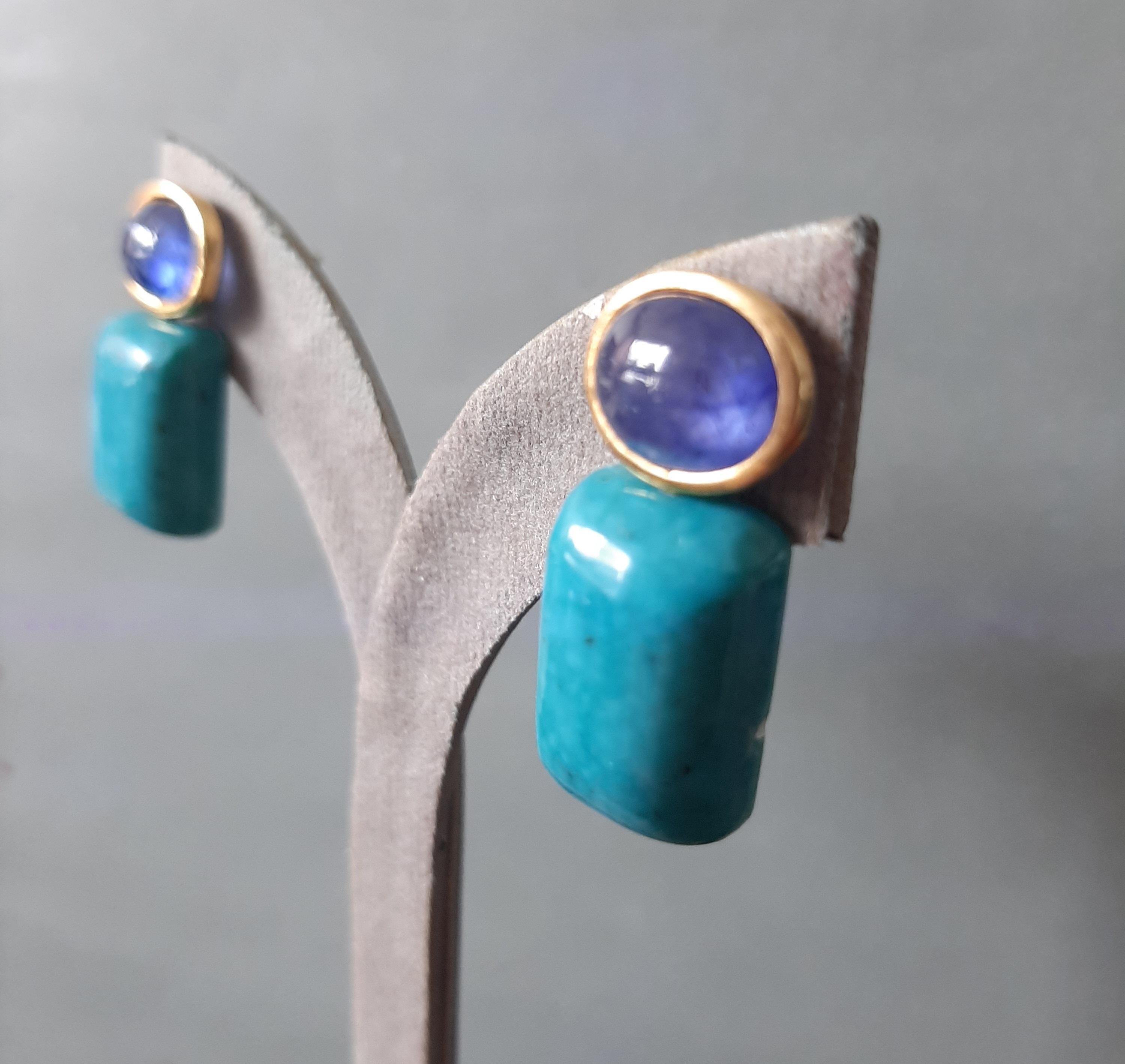 Artisan Blue Sapphire Oval Shape Cabs Turquoise Rectangular 14k Solid Gold Stud Earrings For Sale