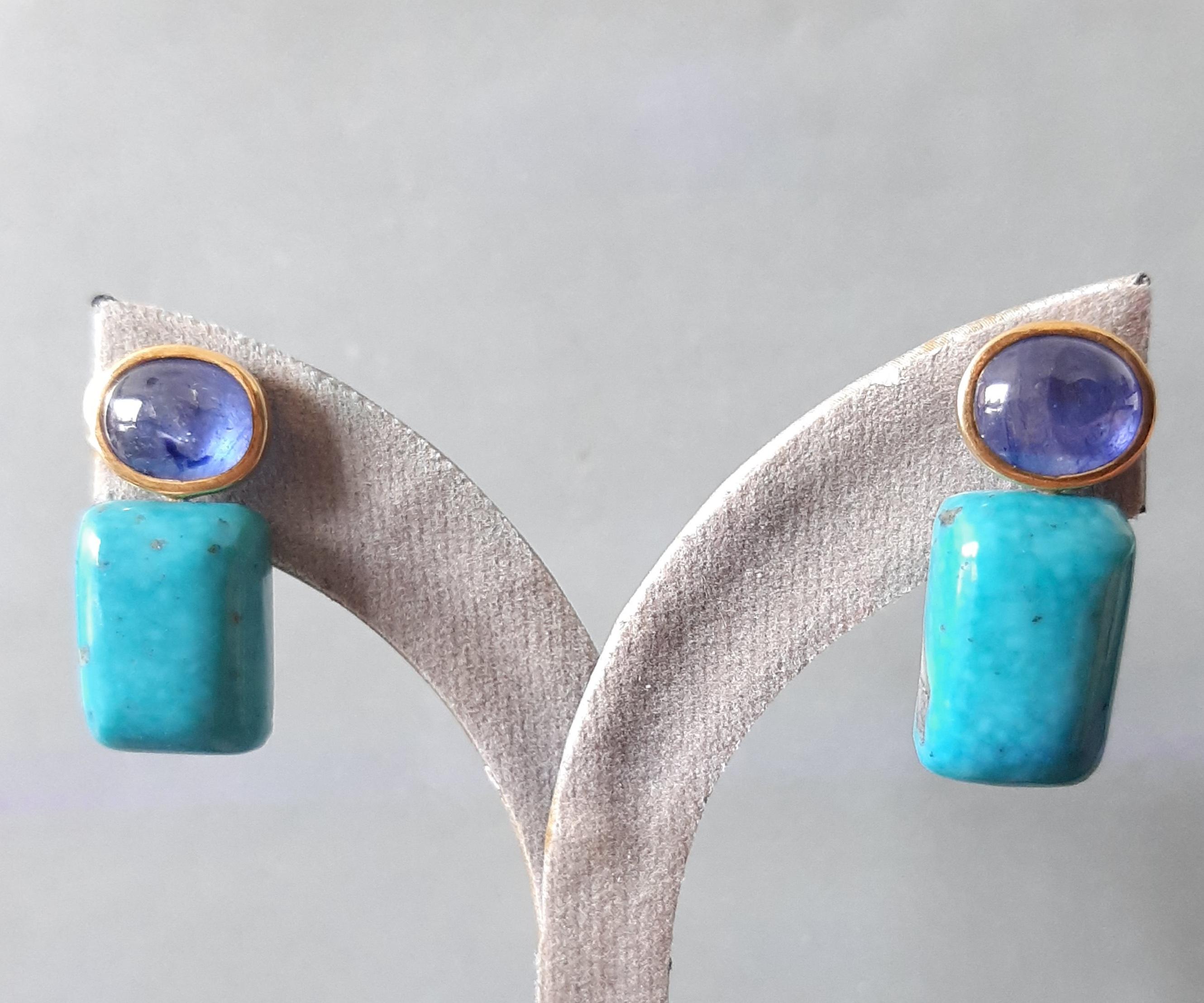 Mixed Cut Blue Sapphire Oval Shape Cabs Turquoise Rectangular 14k Solid Gold Stud Earrings For Sale