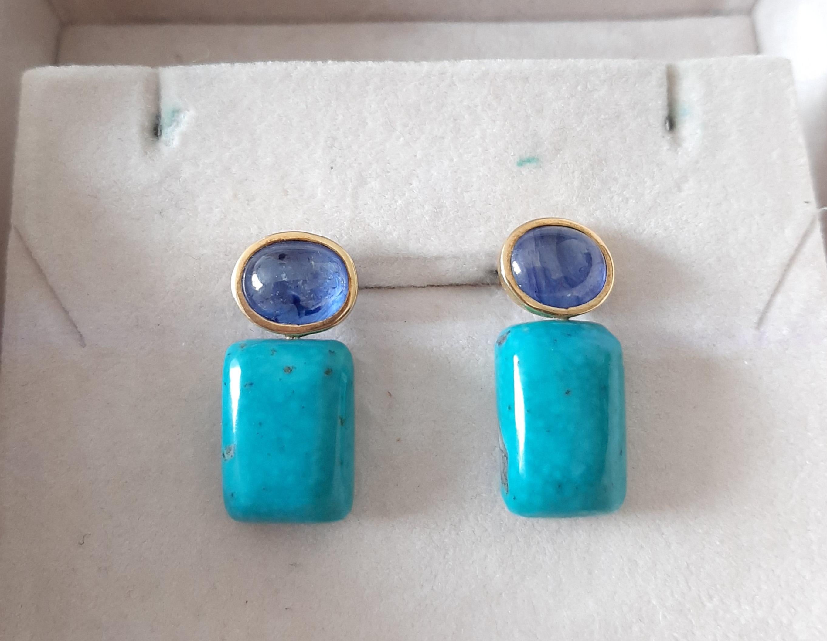 Donna Orecchini con zaffiro blu di forma ovale Cabs Turchese rettangolare in oro massiccio 14k in vendita