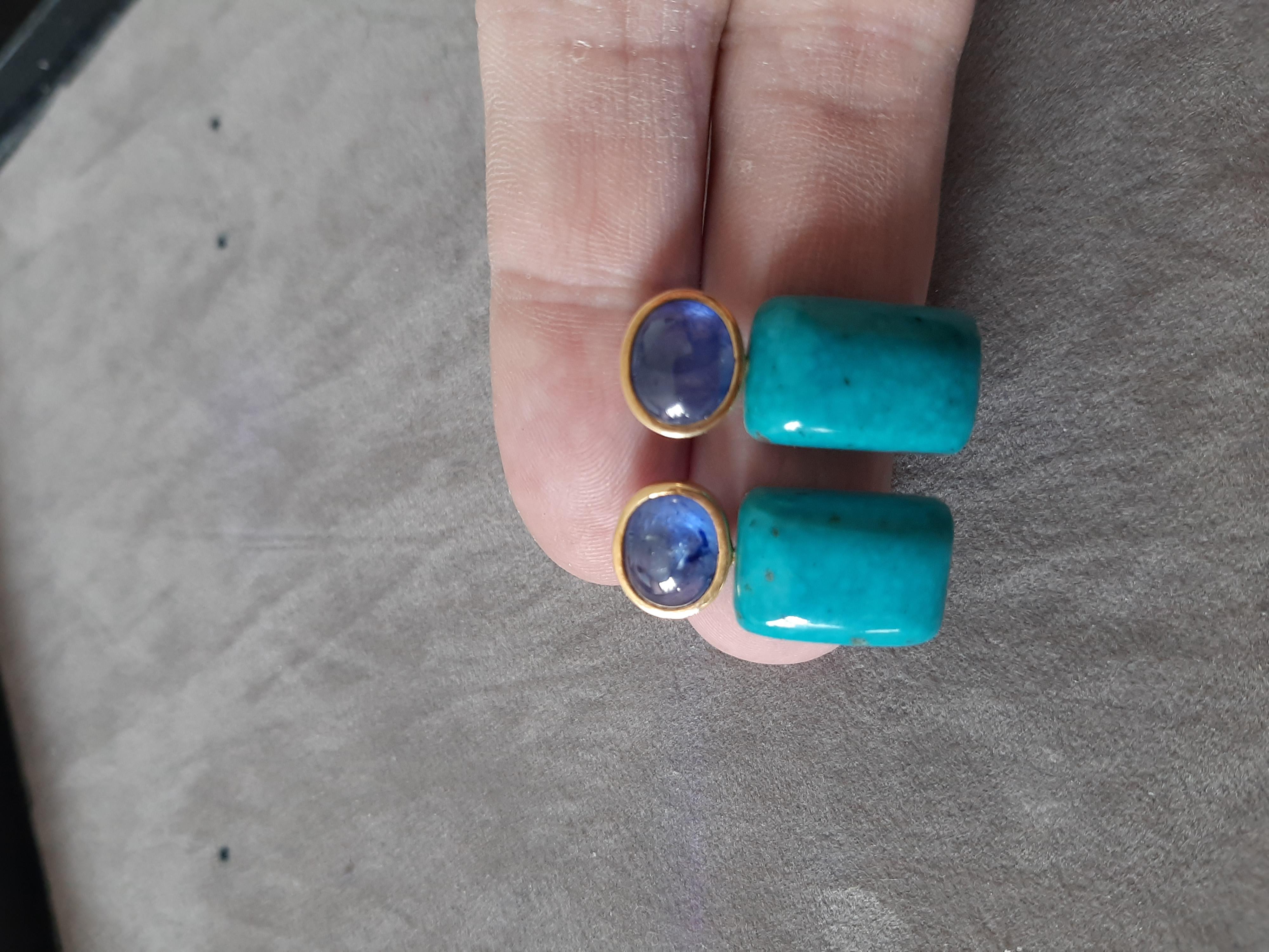 Blue Sapphire Oval Shape Cabs Turquoise Rectangular 14k Solid Gold Stud Earrings For Sale 1