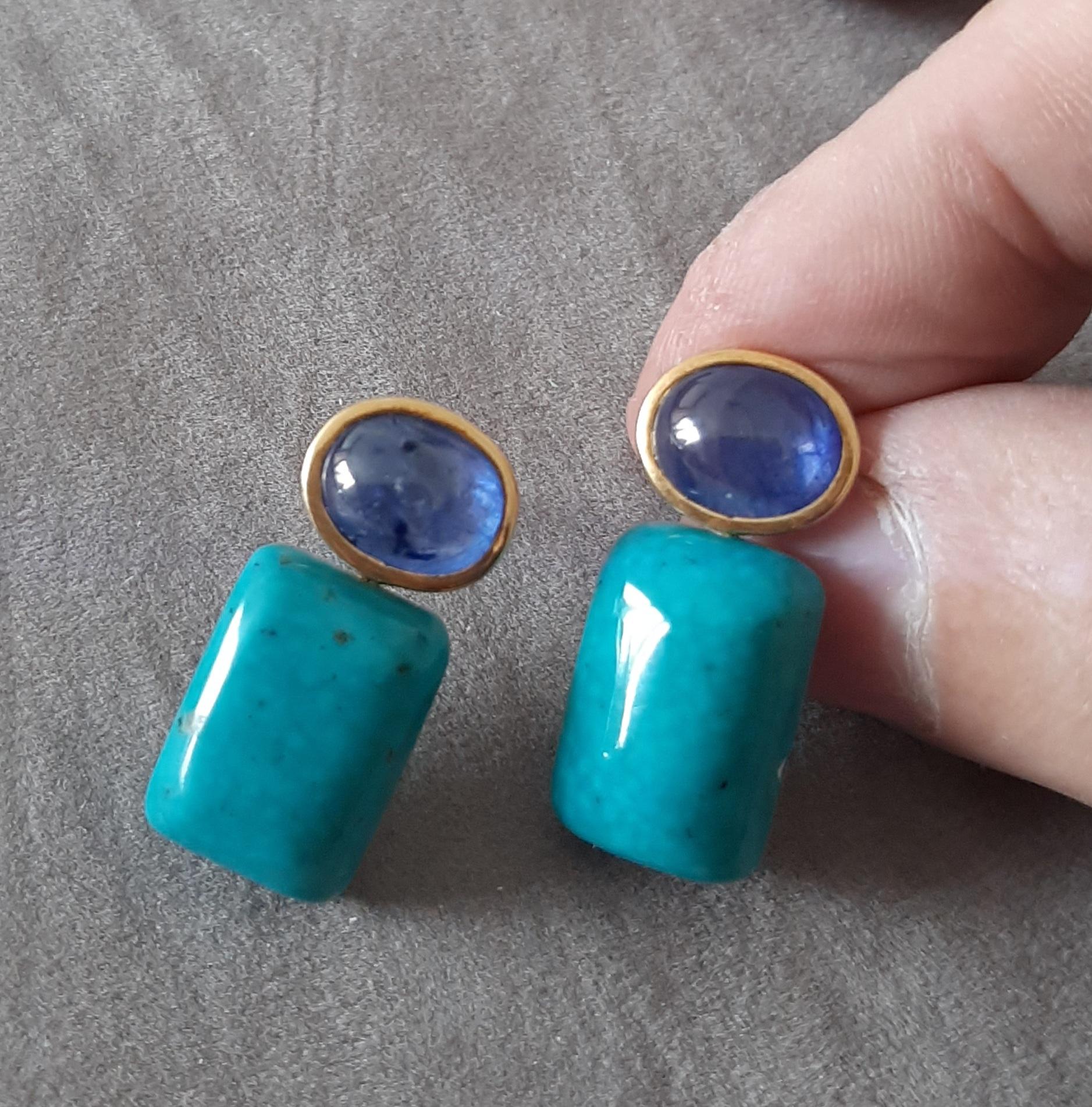 Blue Sapphire Oval Shape Cabs Turquoise Rectangular 14k Solid Gold Stud Earrings For Sale 2