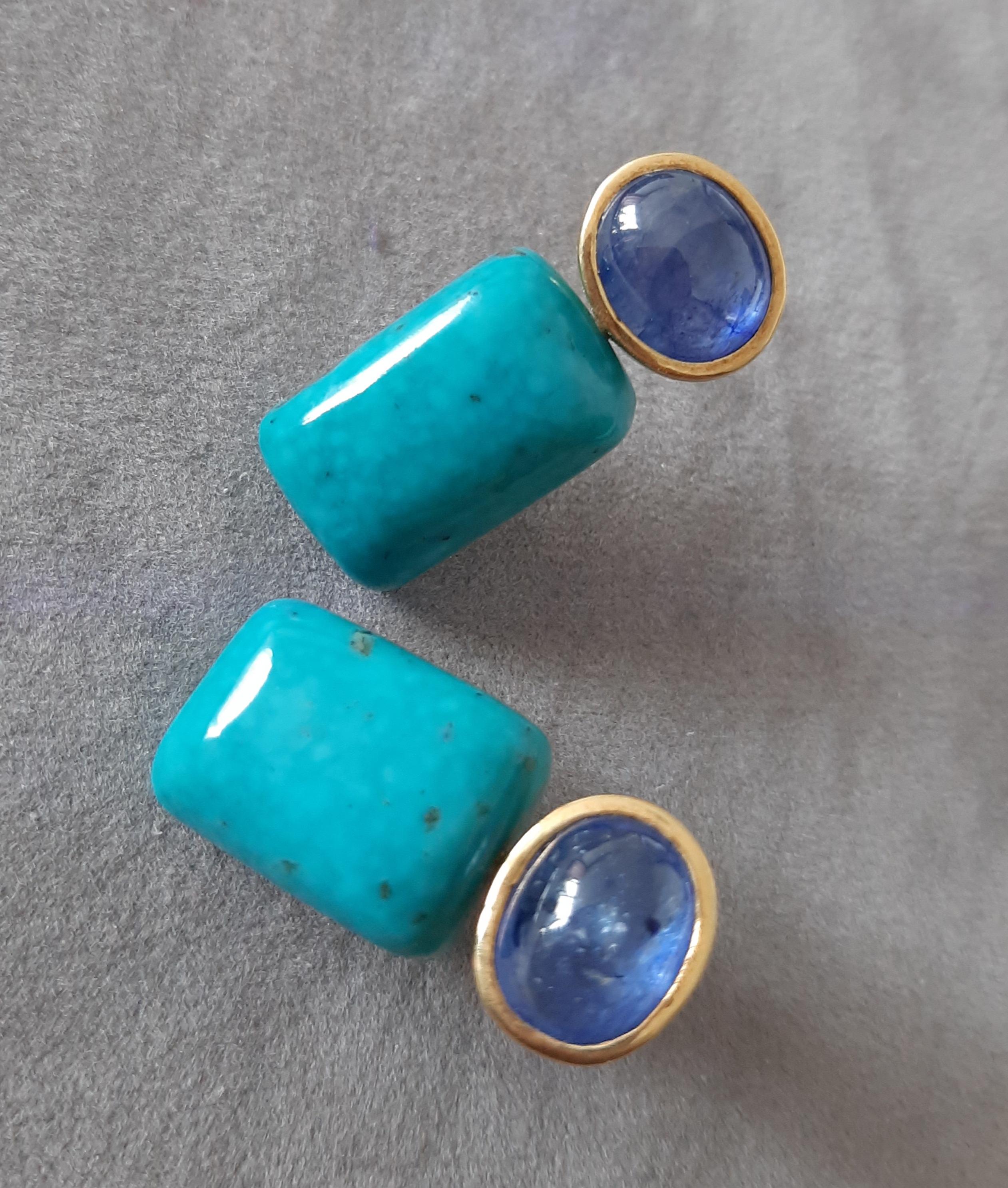 Blue Sapphire Oval Shape Cabs Turquoise Rectangular 14k Solid Gold Stud Earrings For Sale 3