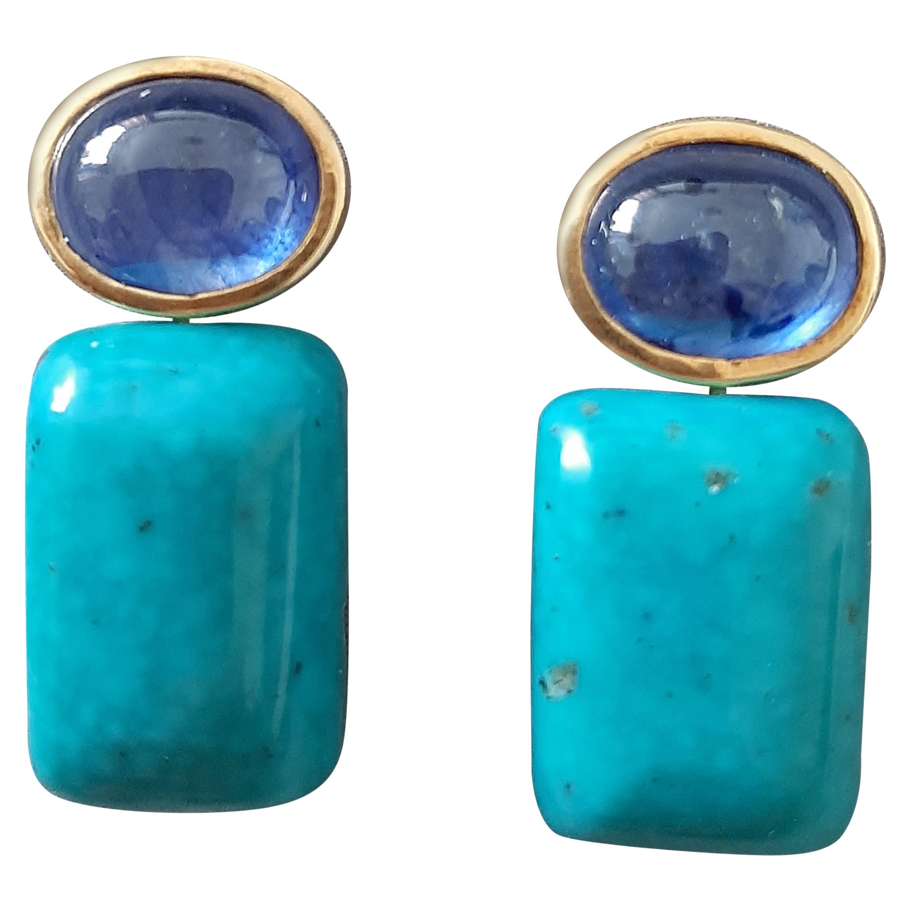 Orecchini con zaffiro blu di forma ovale Cabs Turchese rettangolare in oro massiccio 14k