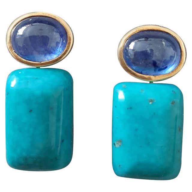 Blue Sapphires Oval Shape Aquamarine Cushion Cabs 14k Solid Gold Stud ...