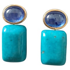 Blue Sapphire Oval Shape Cabs Turquoise Rectangular 14k Solid Gold Stud Earrings