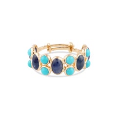 Blue Sapphire Oval & Turquoise Rd. Ring In 18K Yellow Gold