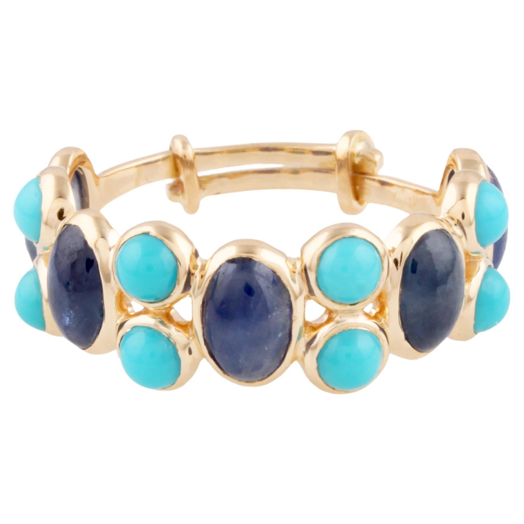 Blue Sapphire Oval & Turquoise Rd. Ring In 18K Yellow Gold