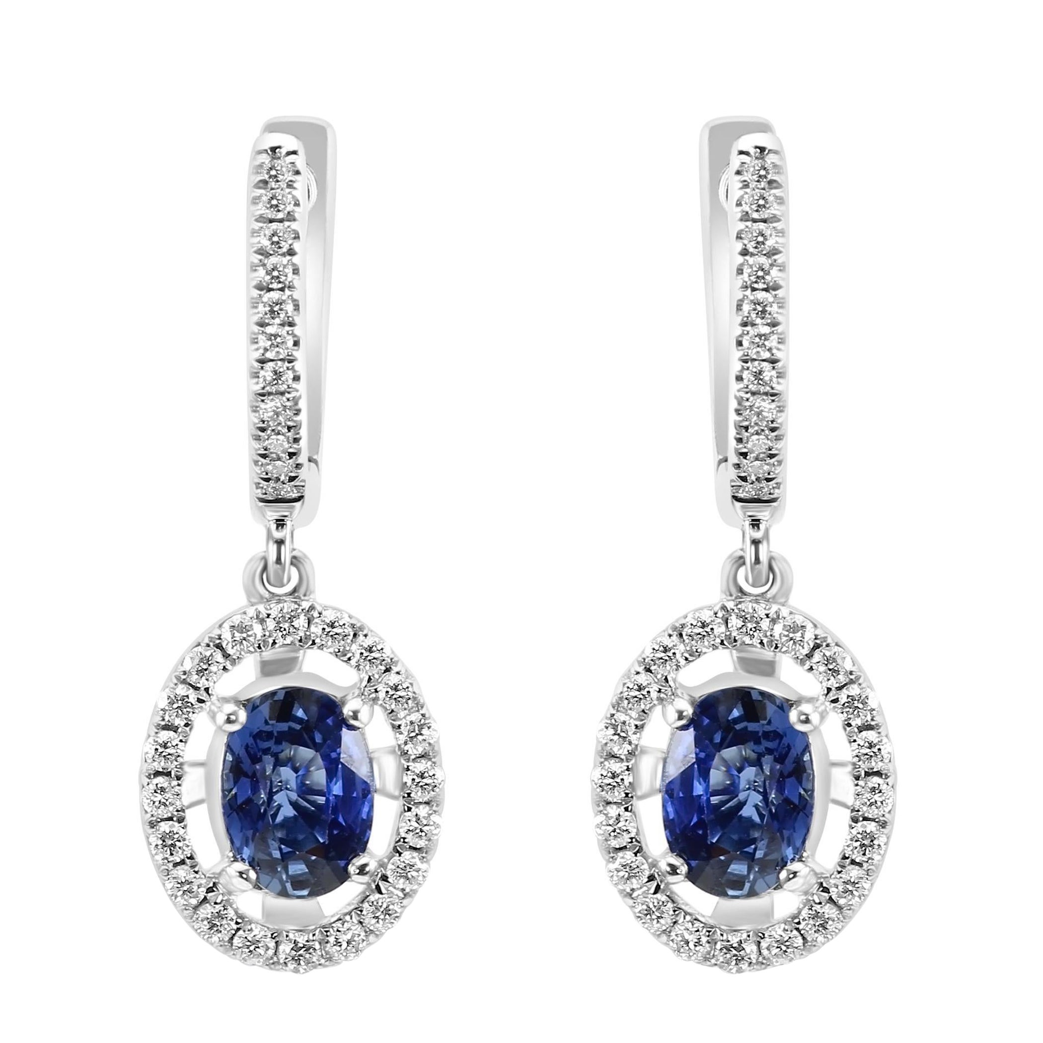 Zaffiro blu ovale e diamante bianco rotondo in oro 18 carati Orecchino fashion con penzolo