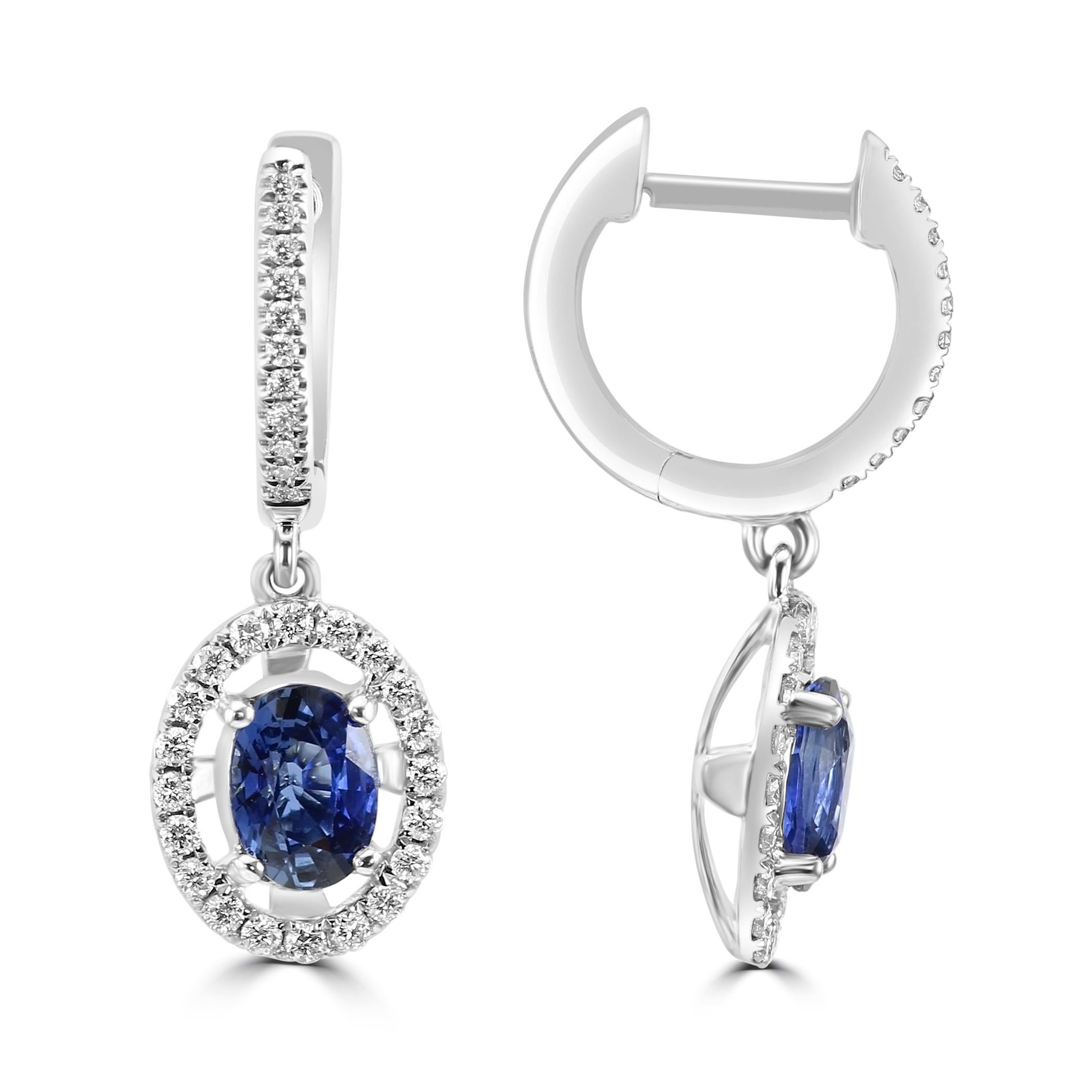 Modern Blue Sapphire Oval & White Diamond Round 18 Karat Gold Fashion Dangle Earring For Sale