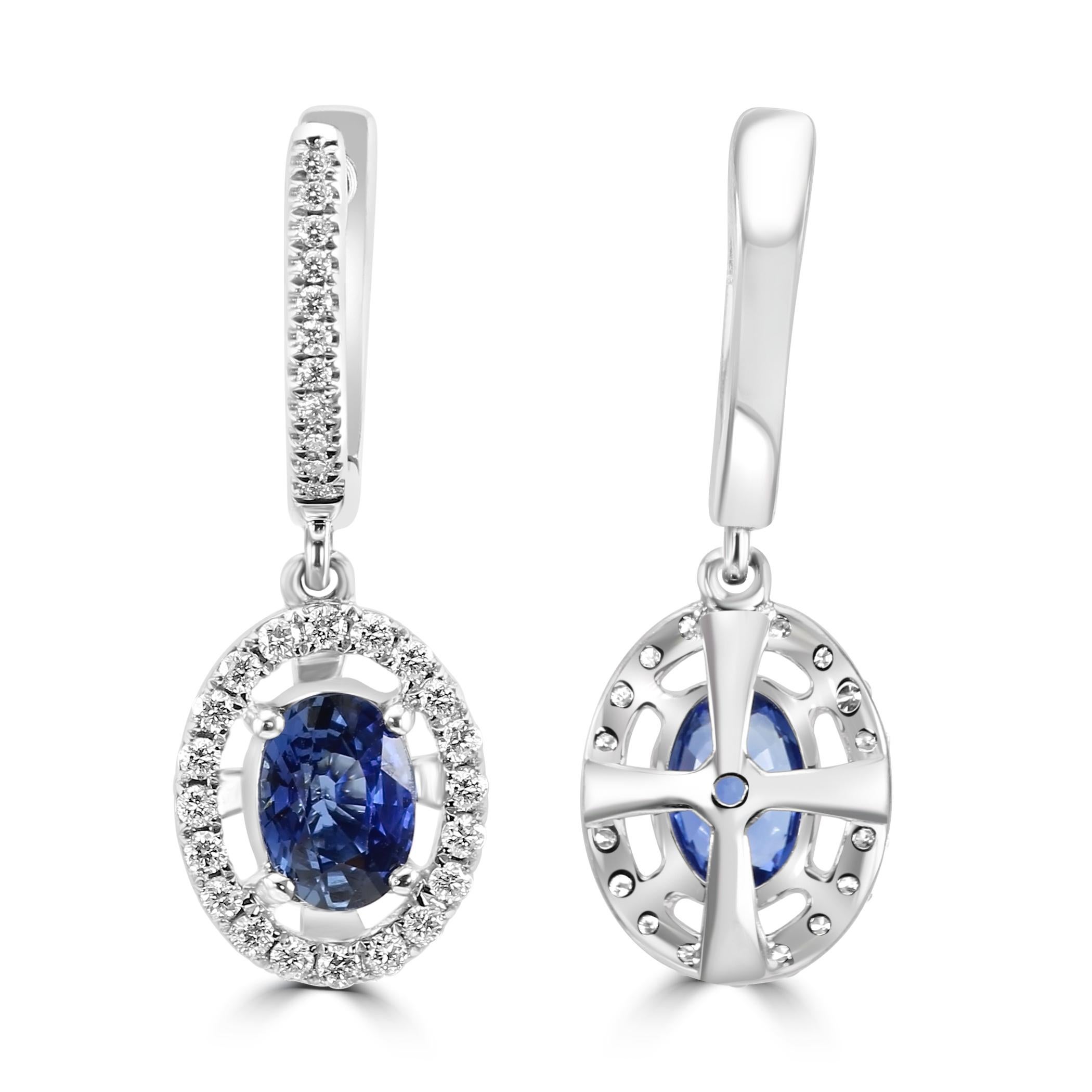 Oval Cut Blue Sapphire Oval & White Diamond Round 18 Karat Gold Fashion Dangle Earring For Sale