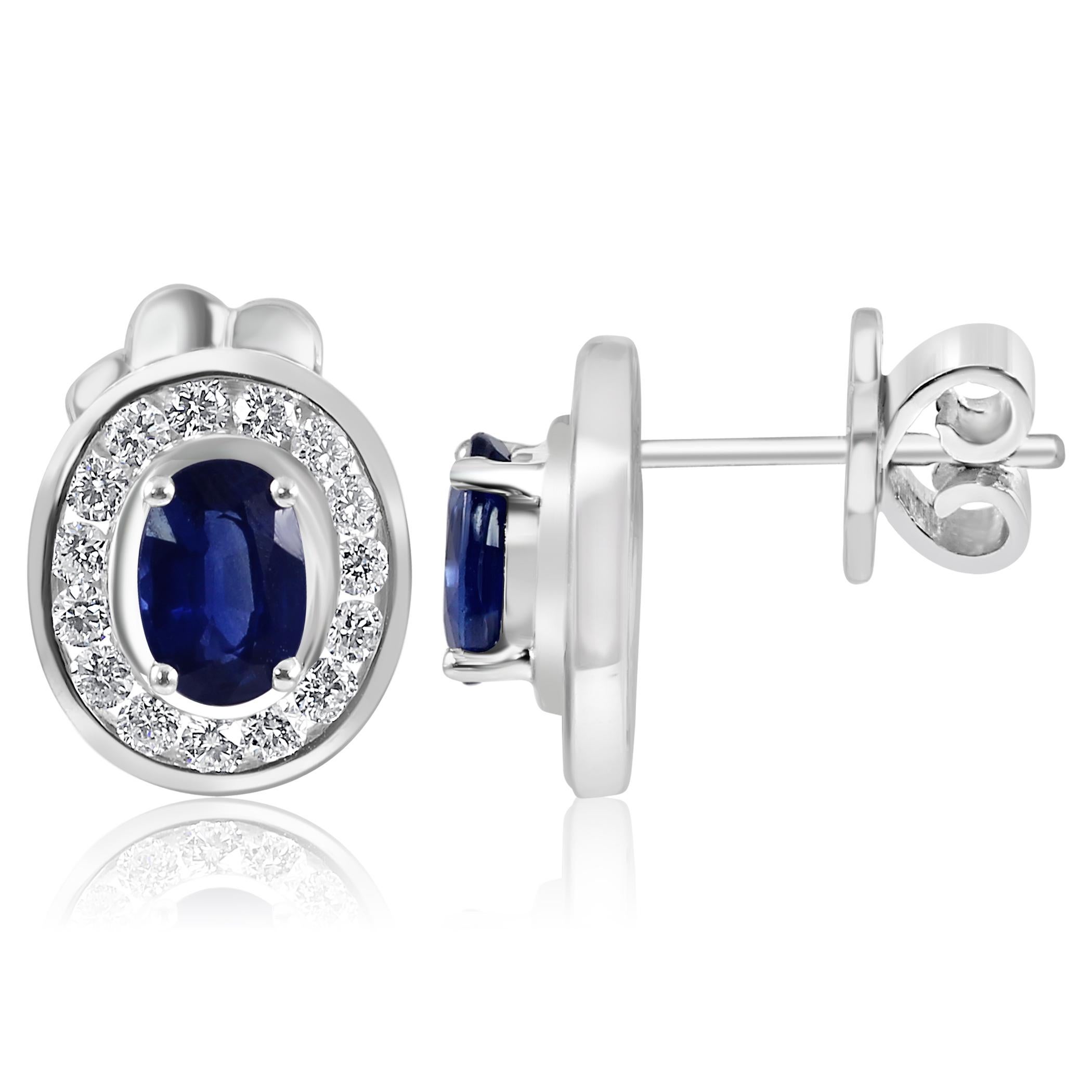 Oval Cut Blue Sapphire Oval White Diamond Round Halo 18K White Gold Fashion Stud Earring  For Sale