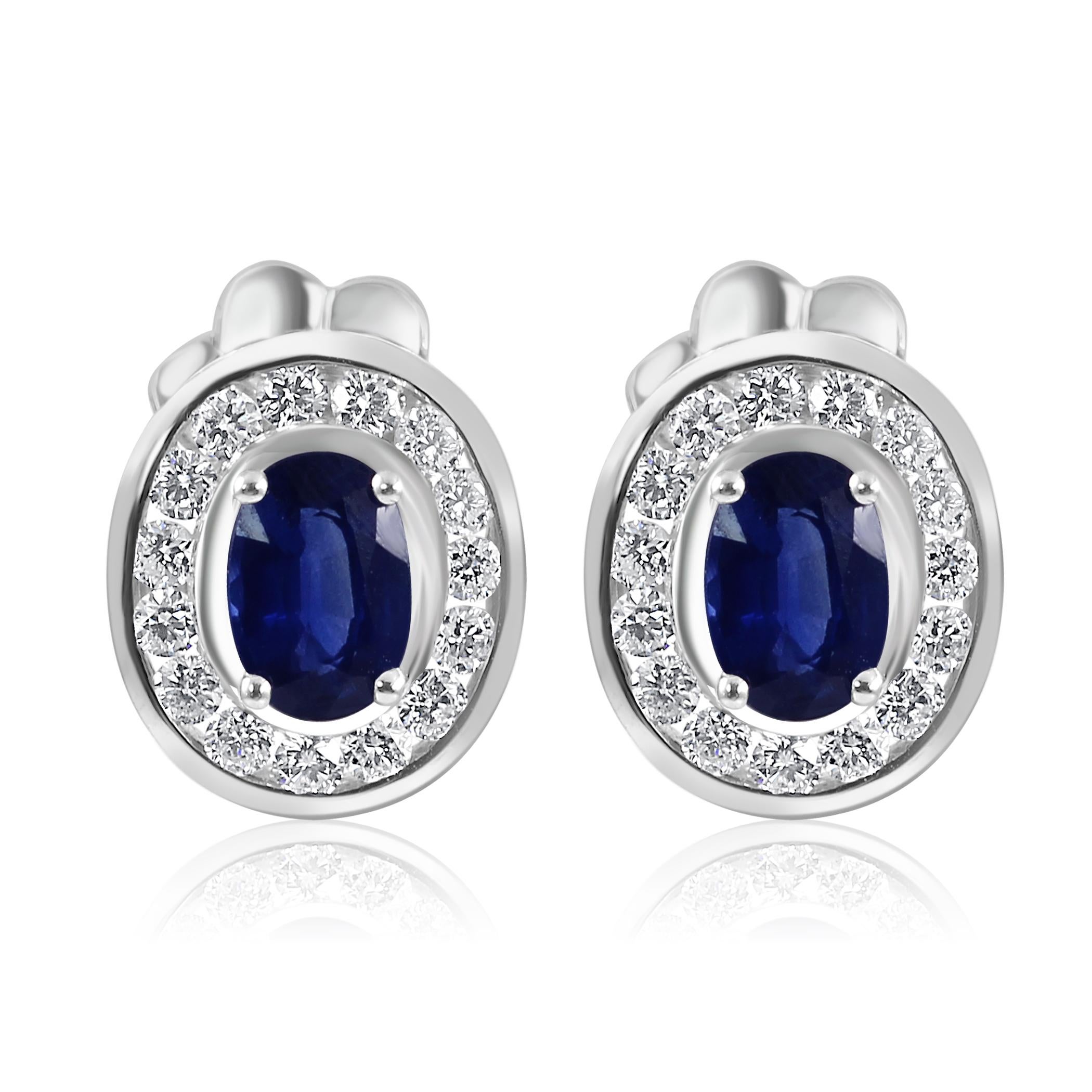 Blue Sapphire Oval White Diamond Round Halo 18K White Gold Fashion Stud Earring  In New Condition For Sale In Sayreville, NJ