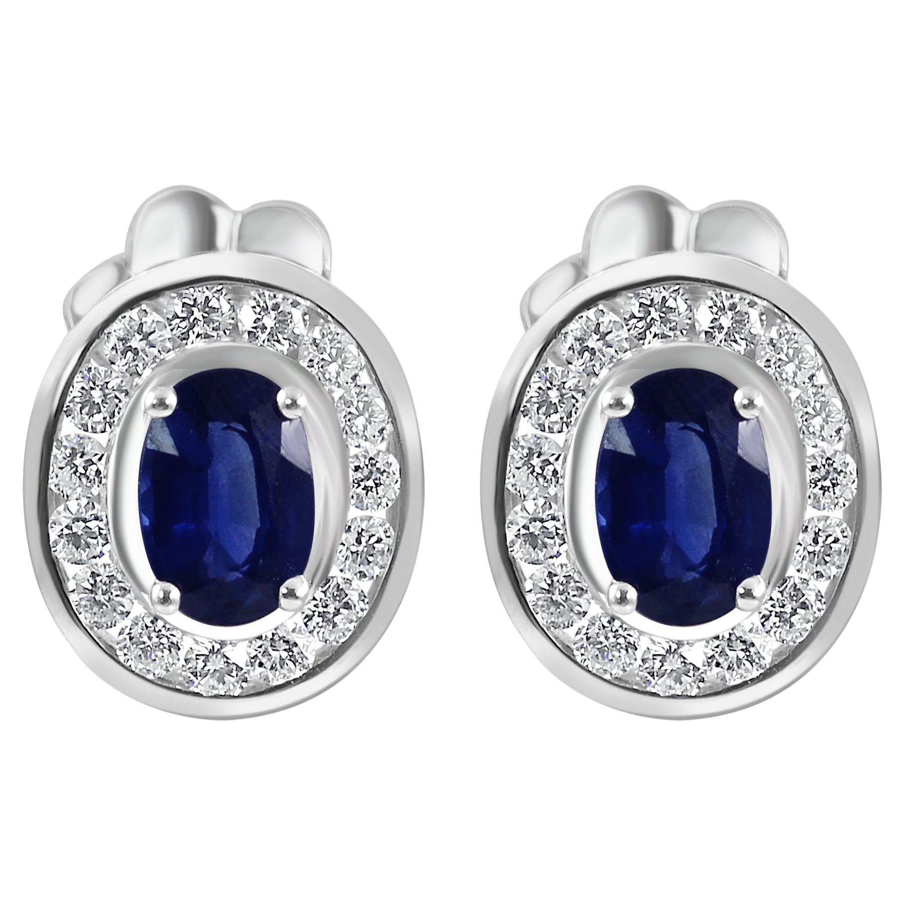Blue Sapphire Oval White Diamond Round Halo 18 Karat Gold Fashion Stud Earring