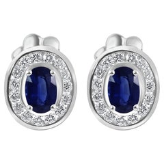 Blue Sapphire Oval White Diamond Round Halo 18K White Gold Fashion Stud Earring 