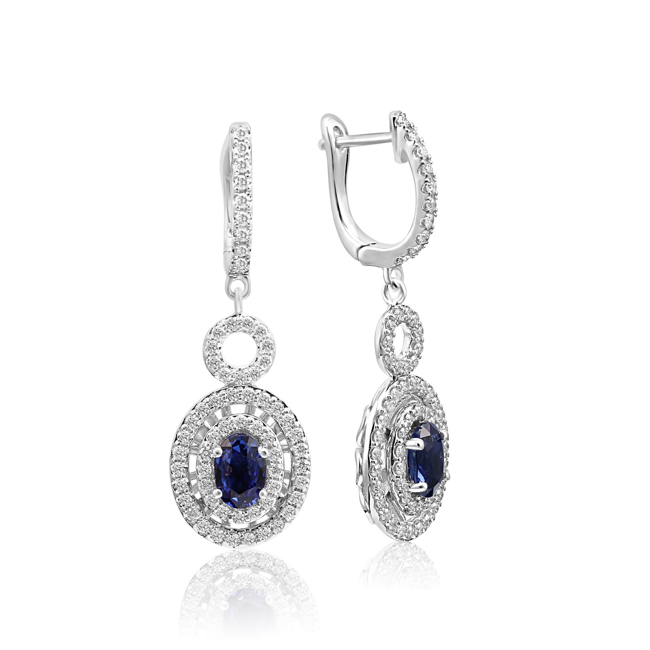 2 Blue Sapphire Oval 1.30 Carat Encircled in Double Halo of White G-H Color VS-SI Clarity Round Diamonds 0.80 Carat in 14K White Gold Dangle Drop Fashion Clip-On Earring.

Total Weight 2.10 Carat

Style available in different price ranges. Prices