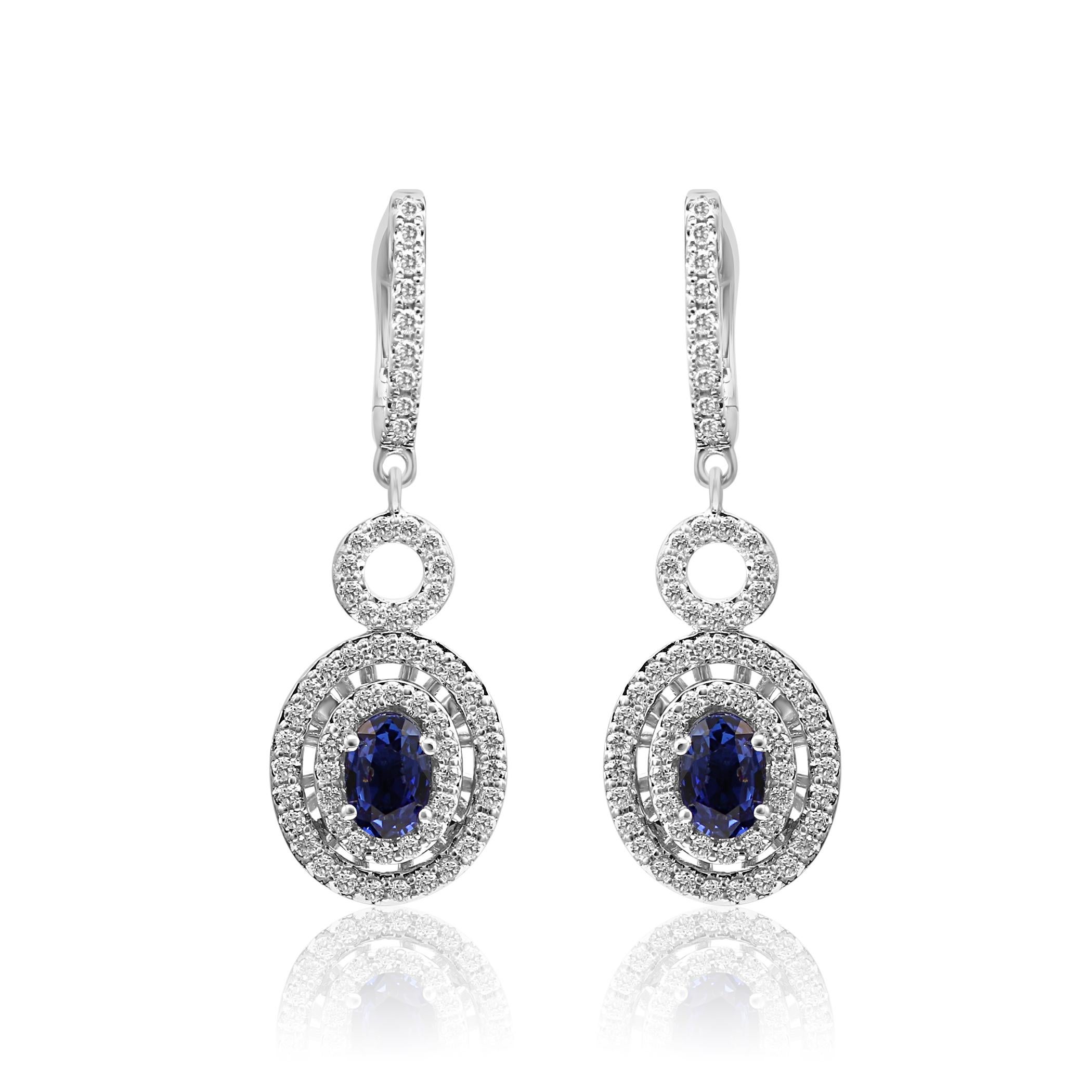 Modern Blue Sapphire Oval White Diamond Round Halo Gold Drop Dangle Clip-On Earring