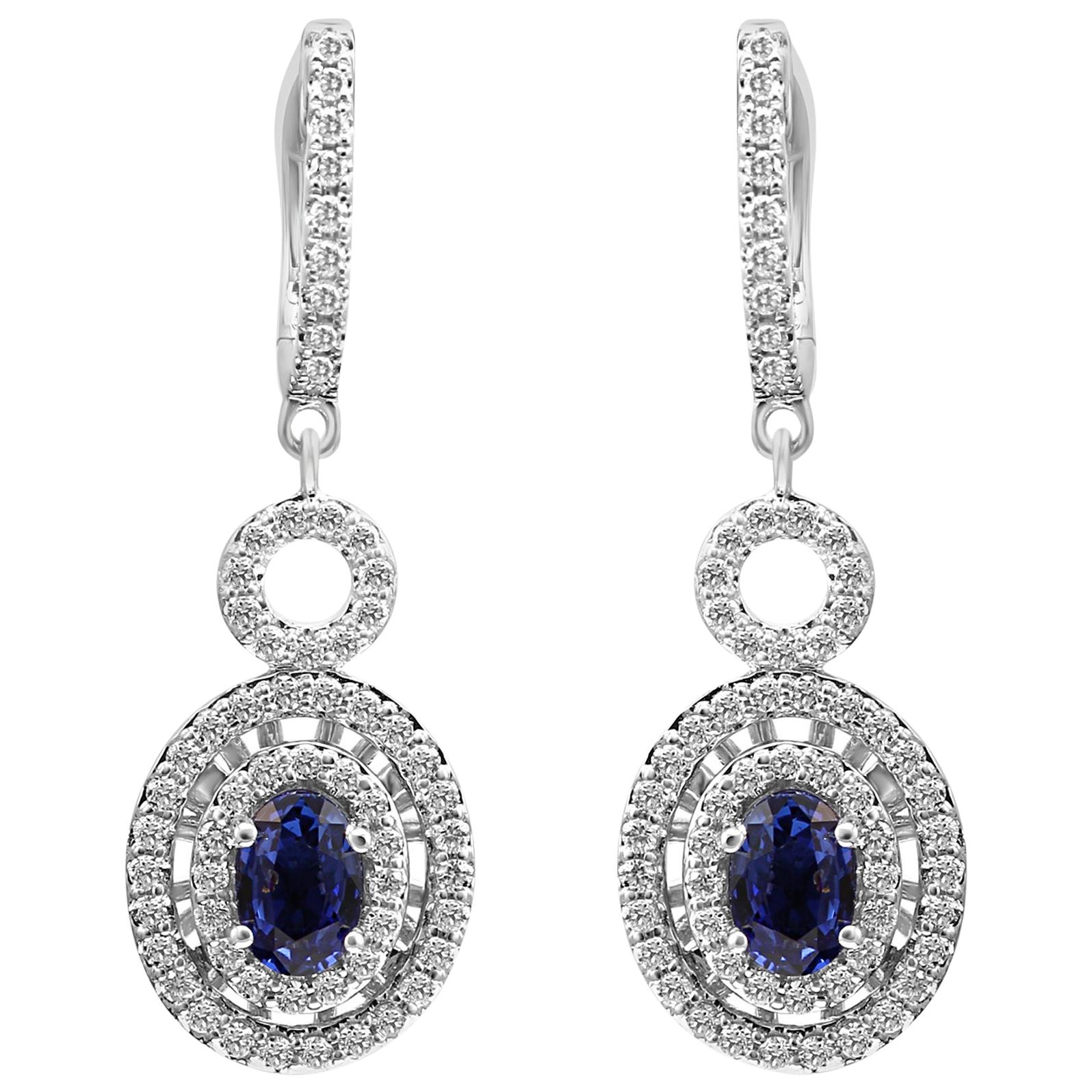 Blue Sapphire Oval White Diamond Round Halo Gold Drop Dangle Clip-On Earring