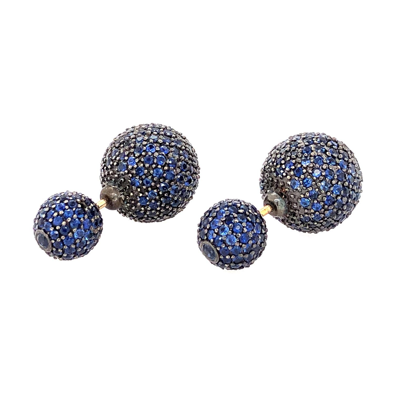Artisan Blue Sapphire Pave Diamond Ball Tunnel Earring Made In 14k Gold   For Sale