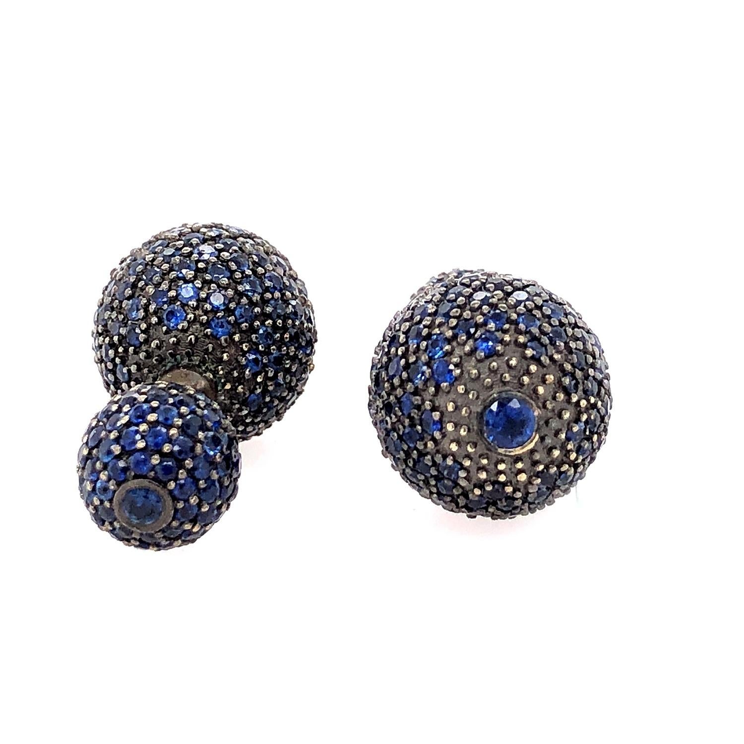 Mixed Cut Blue Sapphire Pave Diamond Ball Tunnel Earring Made In 14k Gold   For Sale