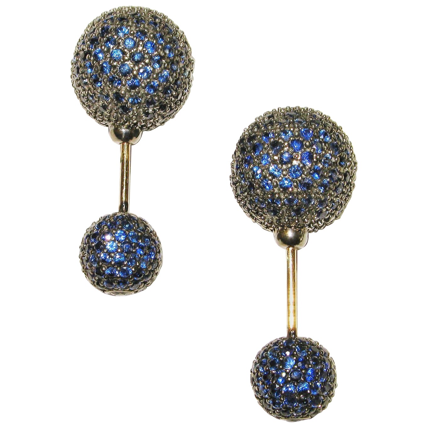 Blauer Saphir Pave Diamant Kugel Tunnel-Ohrring aus 14k Gold