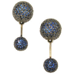 Blauer Saphir Pave Diamant Kugel Tunnel-Ohrring aus 14k Gold