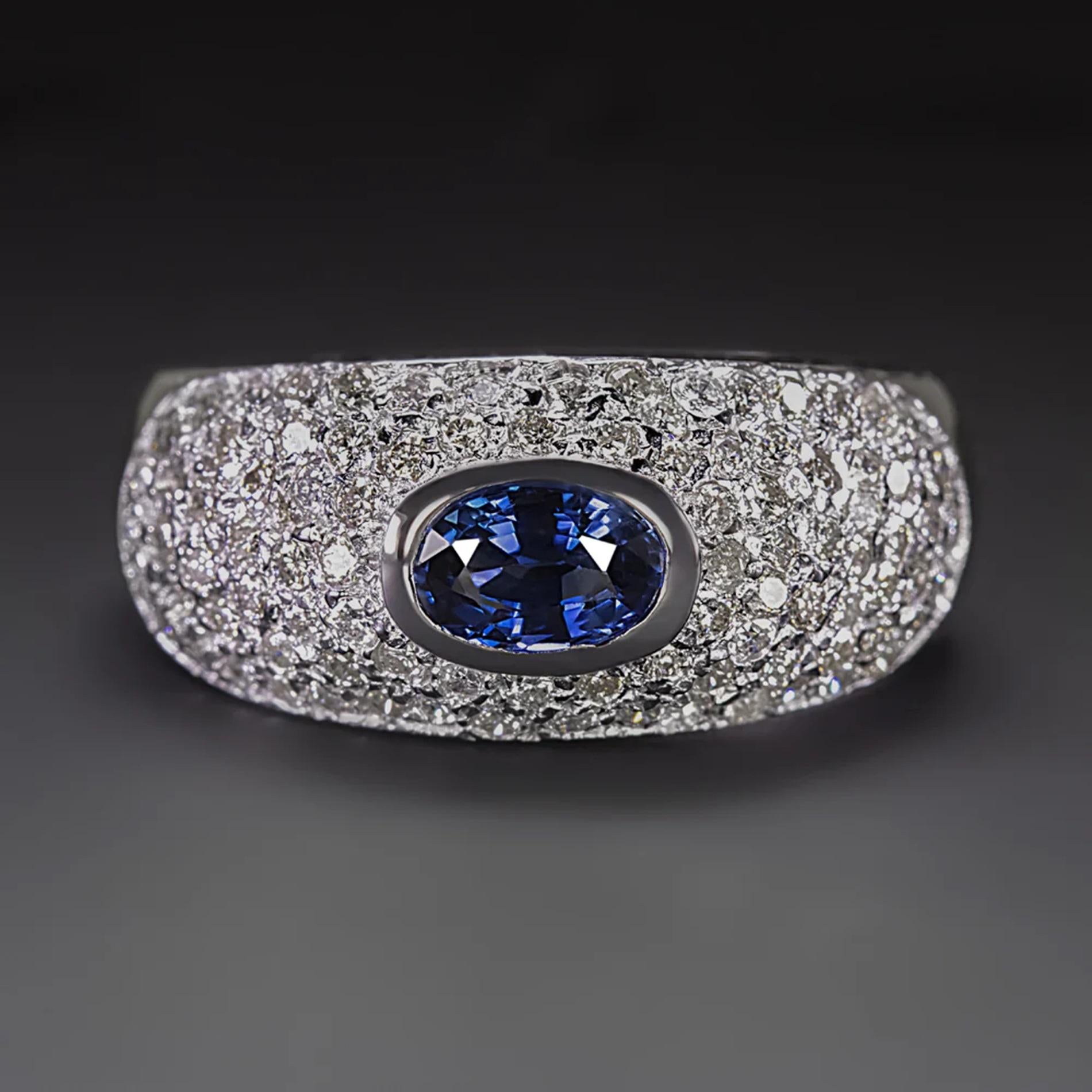 Oval Cut Blue Sapphire Pave Diamond Band Ring For Sale